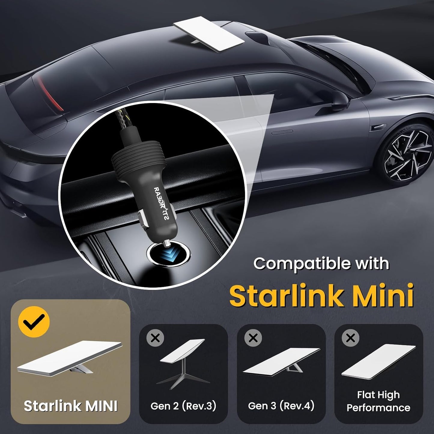 Starlink Mini Cable 12V Power Cable 3M/10FT, Braided Wear-Resistant Starlink Mini Accessories Cigarette Lighter to DC Cord, 12V-48V Car Charger Car Adapter