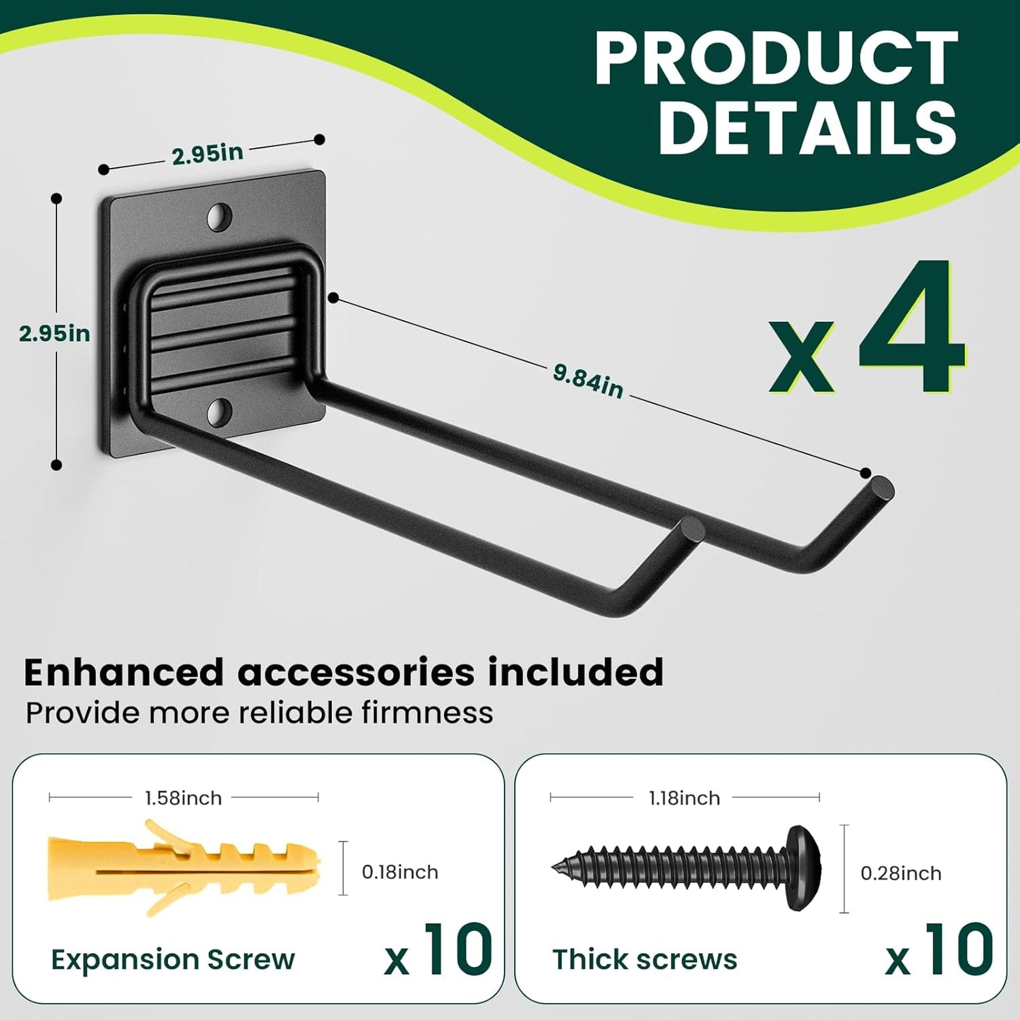 Wall Mount Garage Tool Organizer Storage Hook for Yard Shed, Garden Tool Holder Organizer Rack, Metal Garage Garden Tool Hanger for Lawn Organizer Holds Shovel,Rakes,Brooms,Hoses 4 Pack