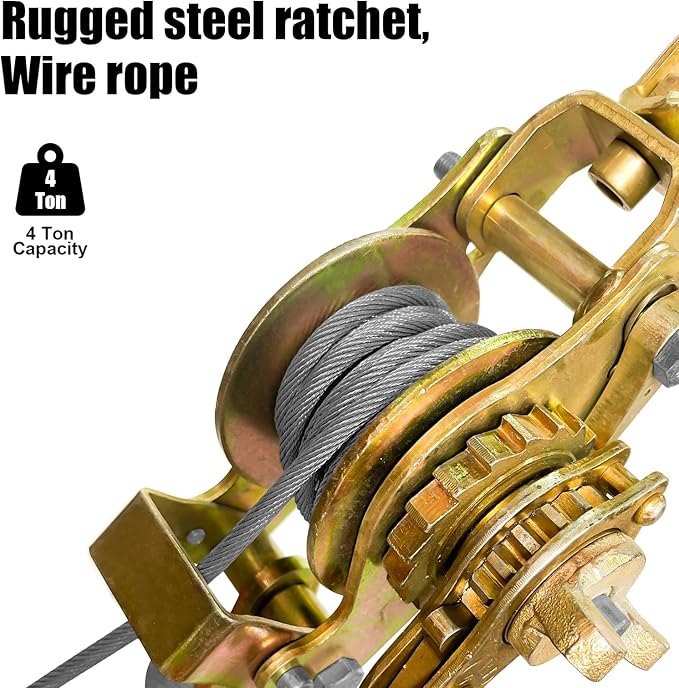 Come Along Winch 4 Ton (8800 lbs) Pulling Capacity 10 ft Steel Cable 3 Hooks Heavy Duty Ratchet Power Puller Tool with Dual Gears Automotive Hoist Cable Puller