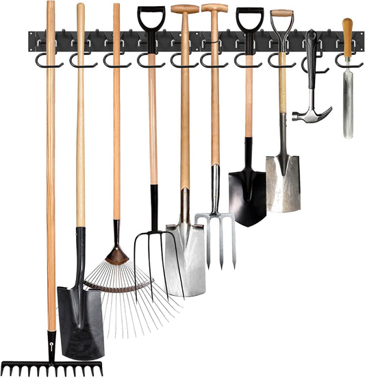34 Inch Garden Tool Organizer Wall Mount with Non Slip Rubber Coated Metal Hooks, Storage Rack for Indoor/Outdoor Shovel, Rake, Mop and Broom Holder Wall Mount （ 10 Hooks+10 Holders