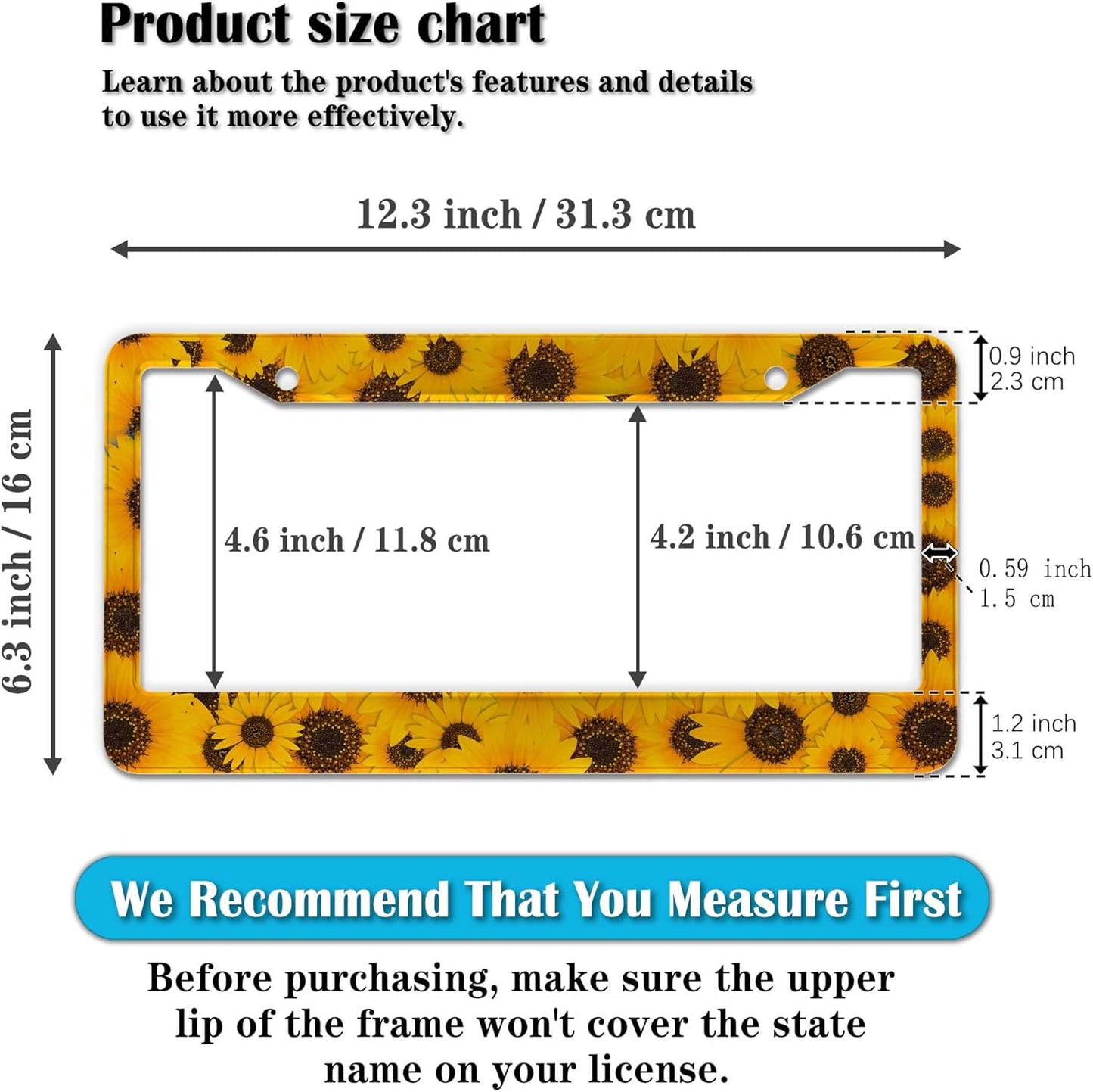 License Plate Protector for Women Yellow License Plate Frames for Men Sunflower Aluminum Metal Car Accessory 2 Pack with Screw Covers Set