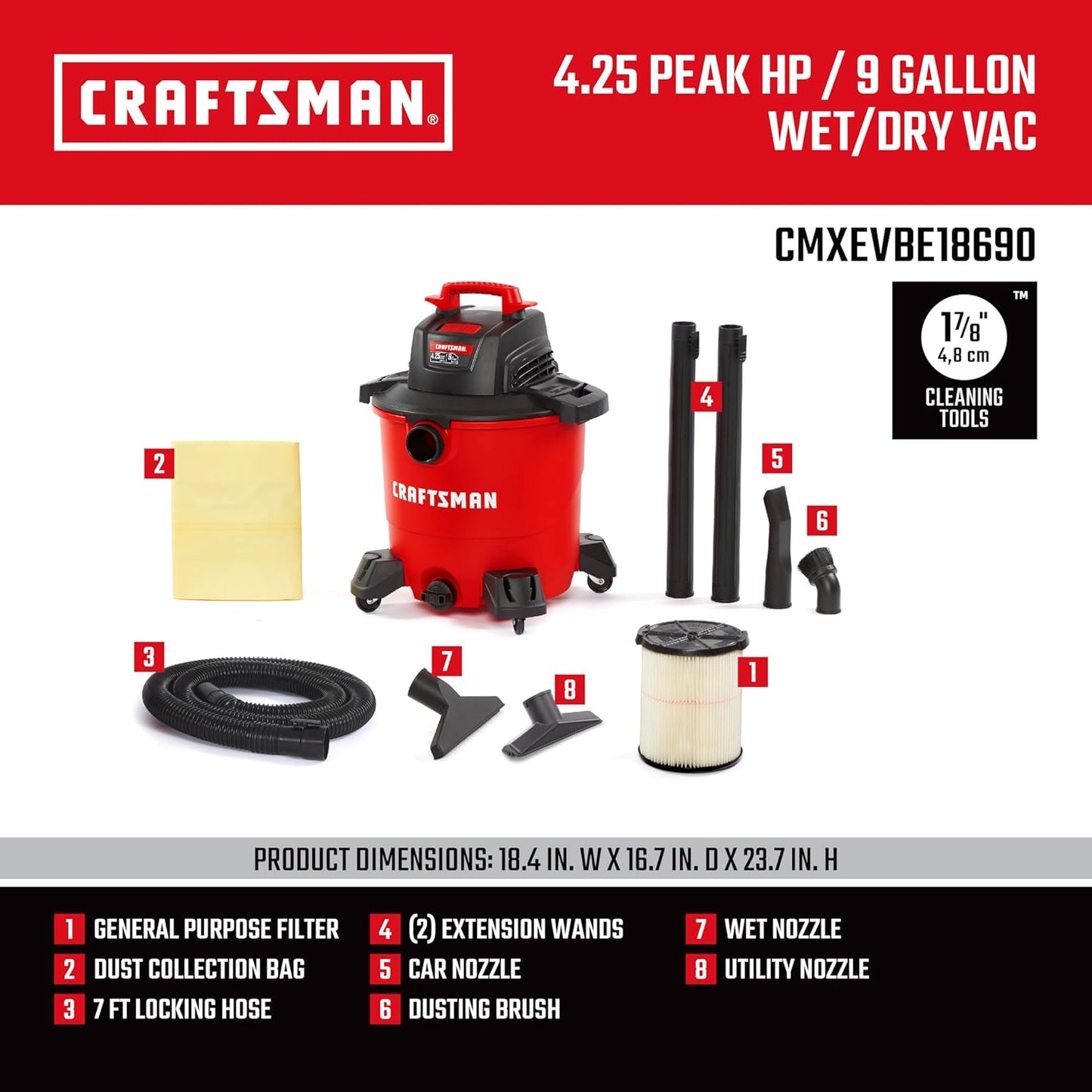 CRAFTSMAN CMXEVBE18690 9 Gallon 4.25 Peak HP Wet Dry Vac, Portable Shop Vacuum Wet and Dry with Filter, Dust Bag, Dusting Brush, Hose and Attachments for Home, Garage and Automotive Cleaning
