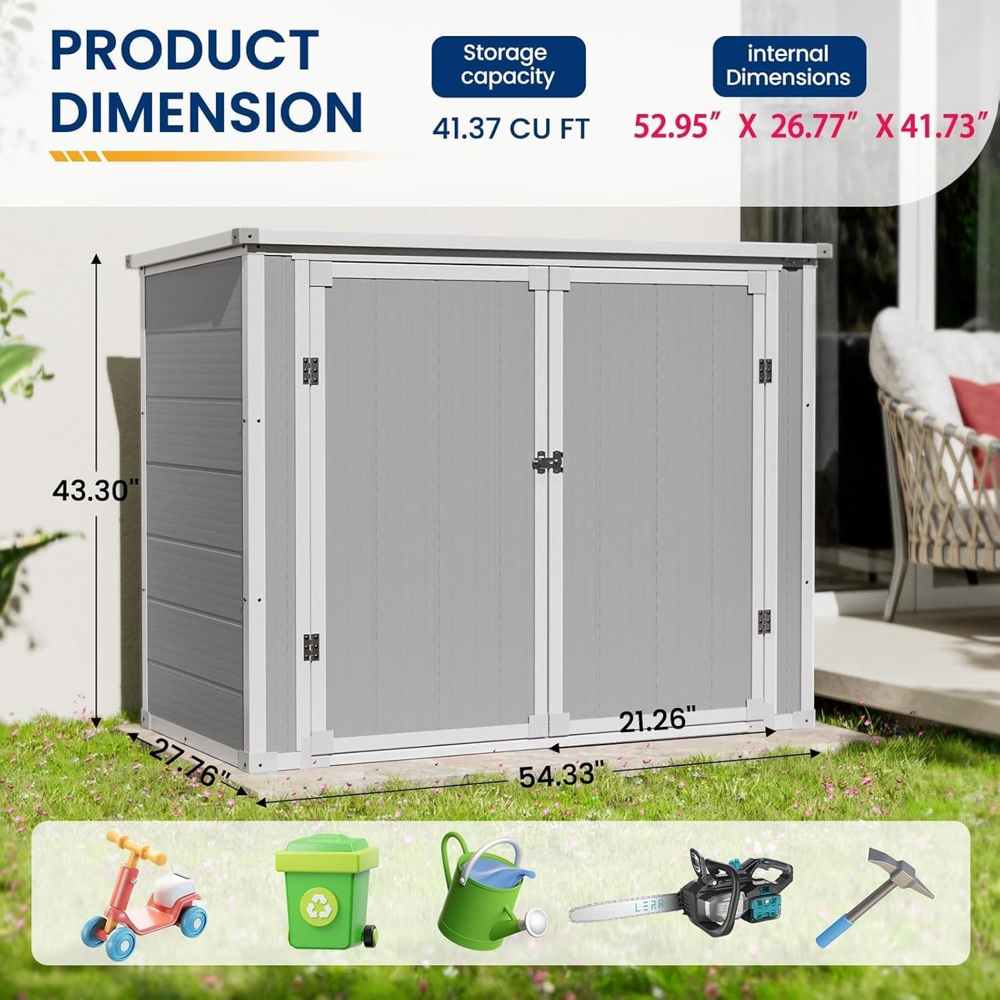 Amopatio 41 Cu Ft Horizontal Outdoor Storage Shed, Resin Trash Can Storage,Resin Shed for Garden Tools, Lawn Mowers, Garbage Cans, Patio Use, Grey