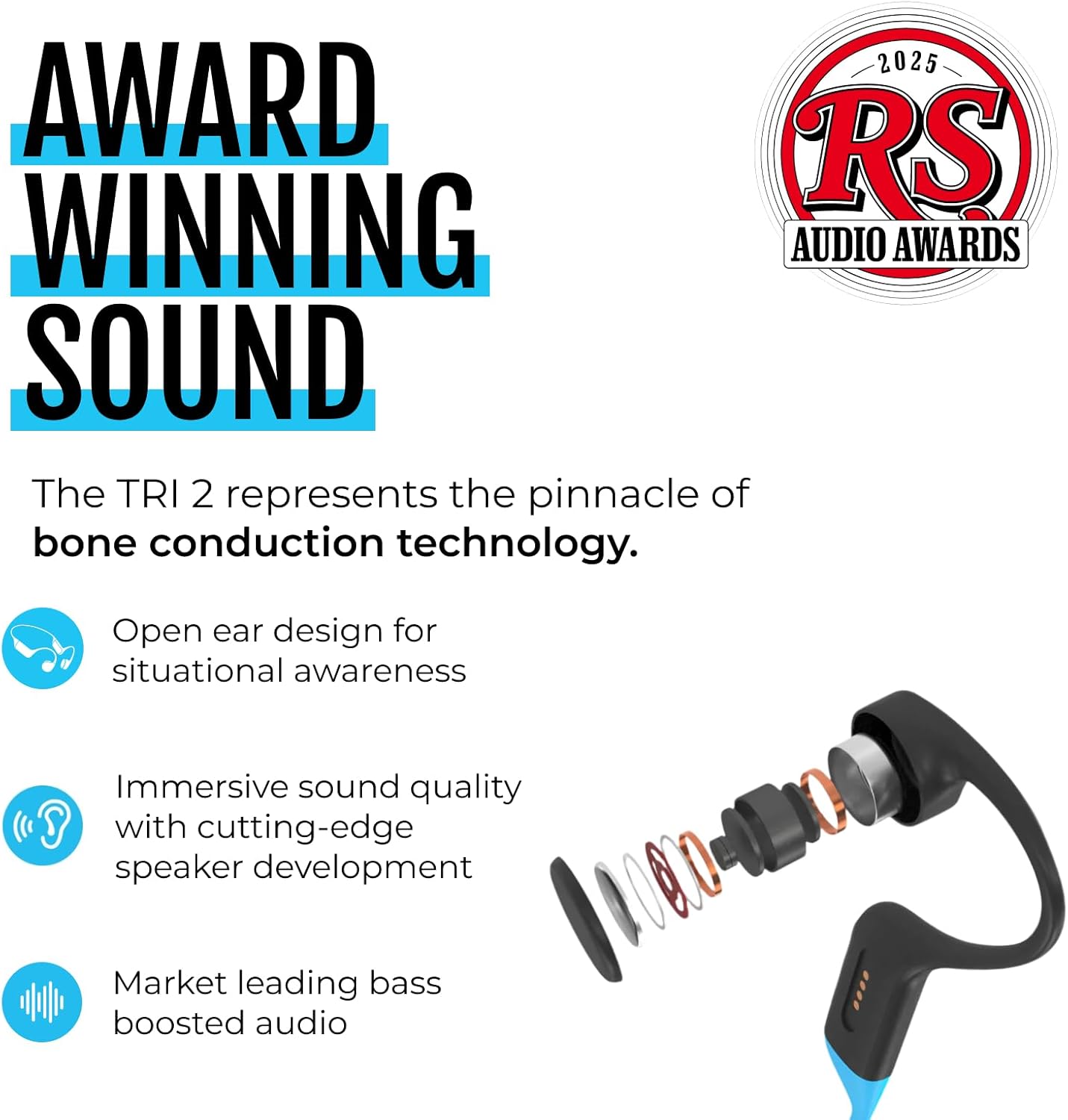 H2O Audio TRI 2 Multisport Waterproof Bone Conduction Open Ear Headphones, Bluetooth 5.3 for Running and Cycling, MP3 Mode for Swimming, 8GB Memory, 8.5-Hour Battery, Black/Blue