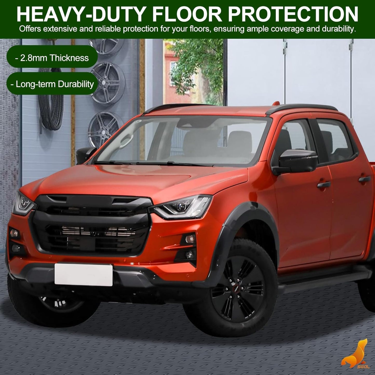 SEAL 6 x 10 Ft Premium Garage Floor Mat, Solid 2.8mm Thick Gray Commercial Grade Heavy Duty Parking Mat for Garage Floor, Golf Cart Parking, Water/Stain Resistant Floor Runner (Embossed Diamond Plate)