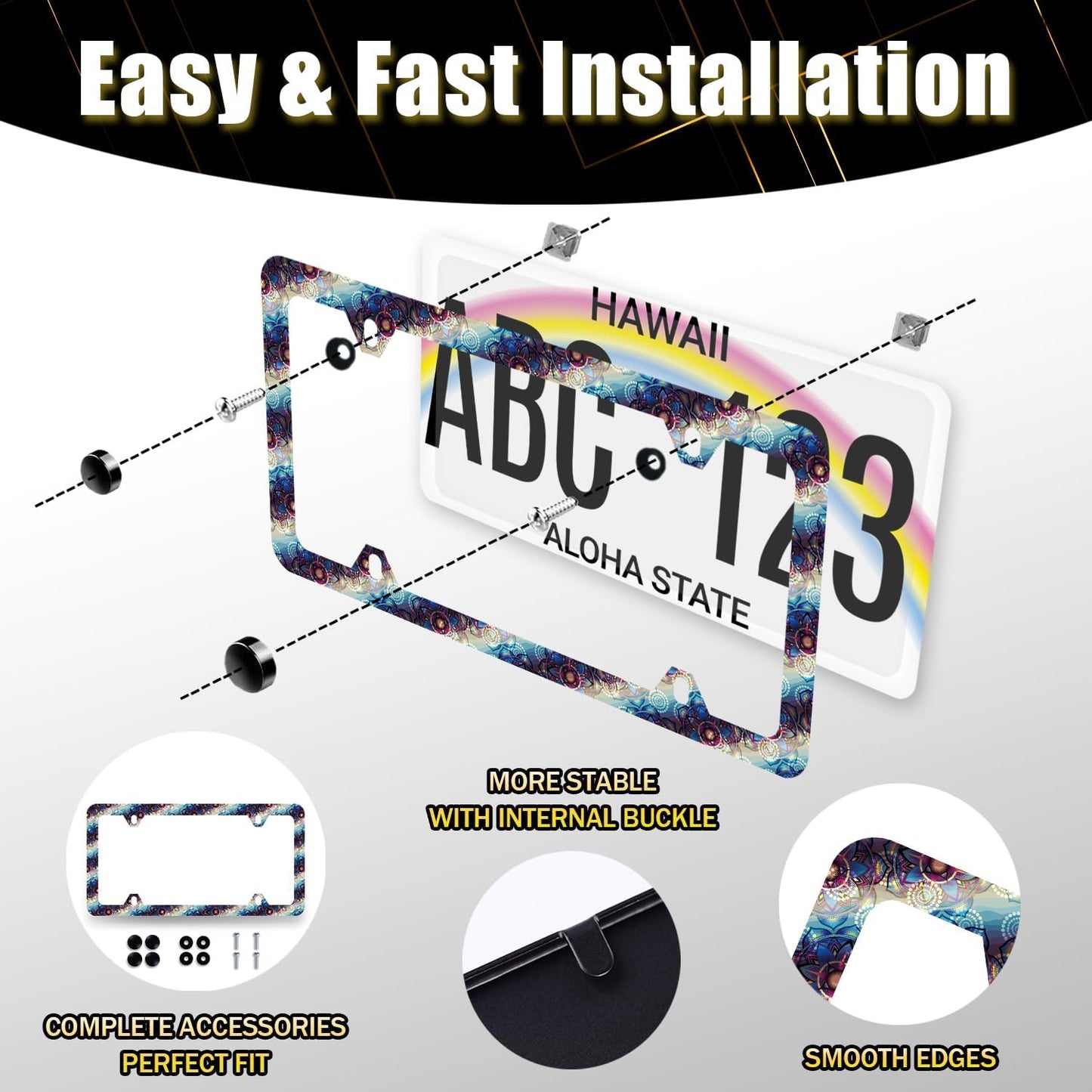 Blue Purple Mandala Flowers License Plate Frame Boho Floral License Plate Holder Colorful License Plate for Car Decoration Stainless Steel Car Accessory with Screws Men Women 12.3" x 6.3"