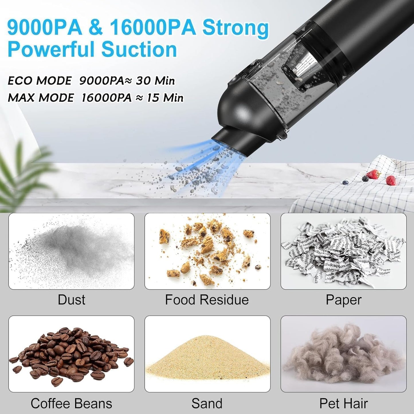 Handheld Vacuum Cordless, 16000pa Car Vacuum Cleaner High Power, 2 Speed Modes Mini Vacuum Cleaner with 2 Filters, Car Vacuum Portable Cordless with Air Blower for Home Office Pet Hair