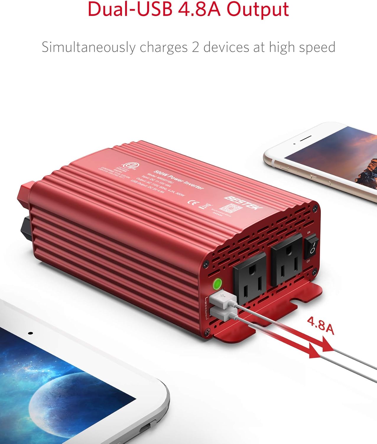 BESTEK 500W Power Inverter DC 12V to 110V AC Converter with Alligator Battery Clamp 4.8A Dual USB Car Charger ETL Listed