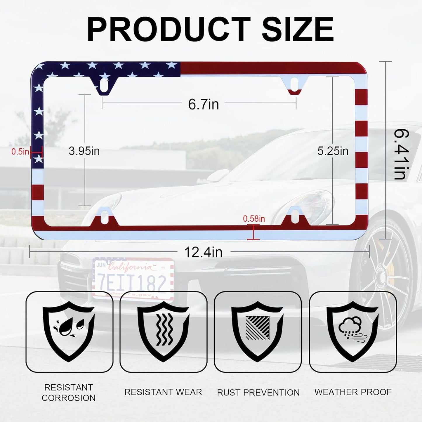 LivTee American Flag License Plate Frames, 4 Holes Stainless Steel License Plate Covers, 2PCS License Plate Holder, Automotive Exterior Accessories, Red-White-Blue