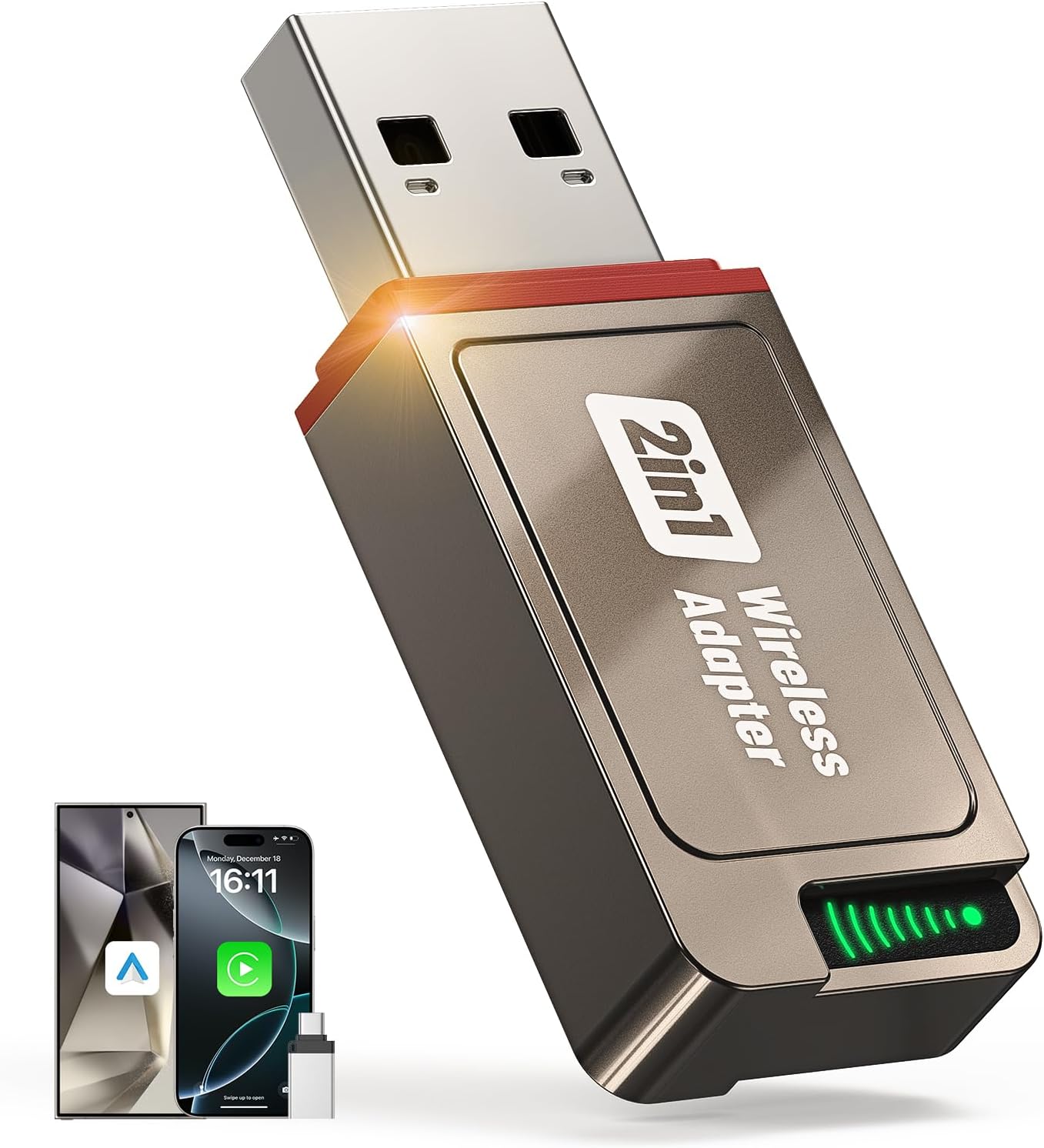 2-in-1 Wireless CarPlay Adapter Support Apple CarPlay & Android Auto, Mini Bluetooth USB A & USB C Dongle Convert Wired to Wireless Compatible with iPhone & Android