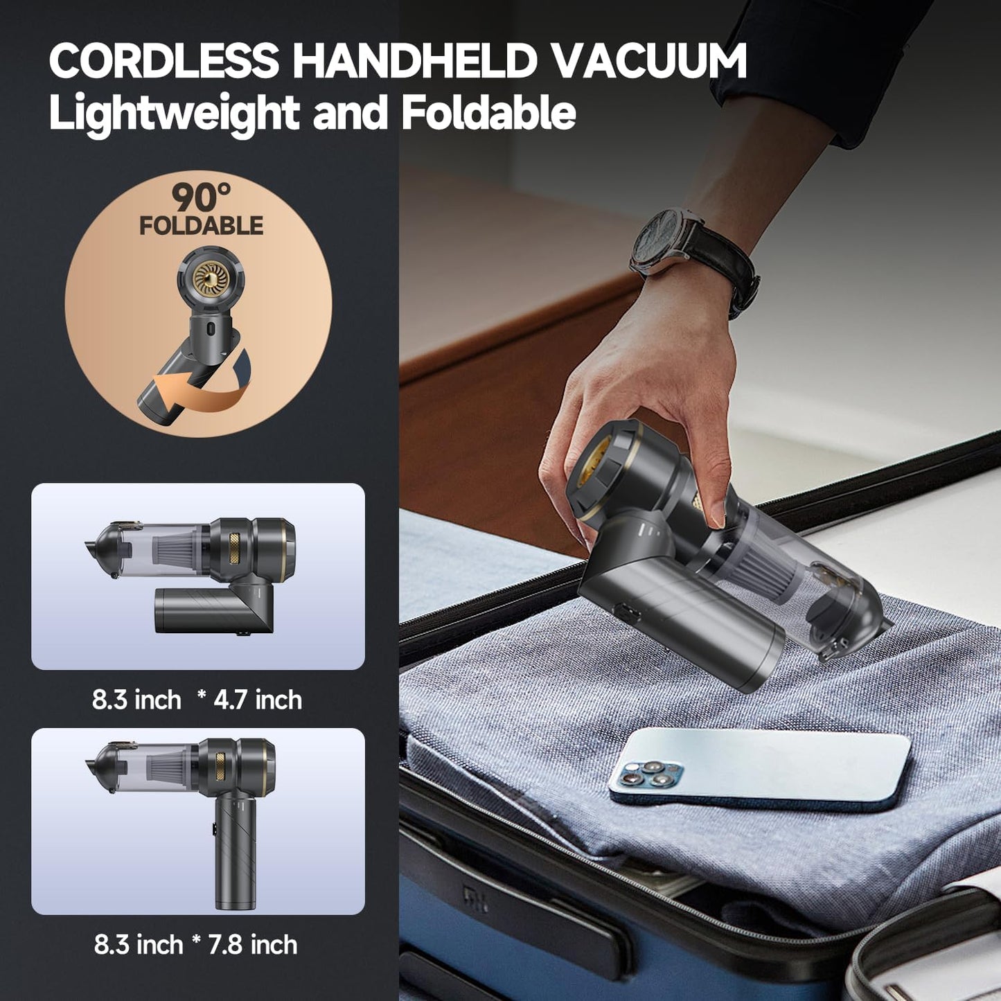 Car Vacuum Portable Cordless, Foldable Handheld Vacuum with Brushless Motor, 22000PA High Power Mini Hand Vacuum Cleaner & Air Blower & Duster & Pump for Home, Pet, Office