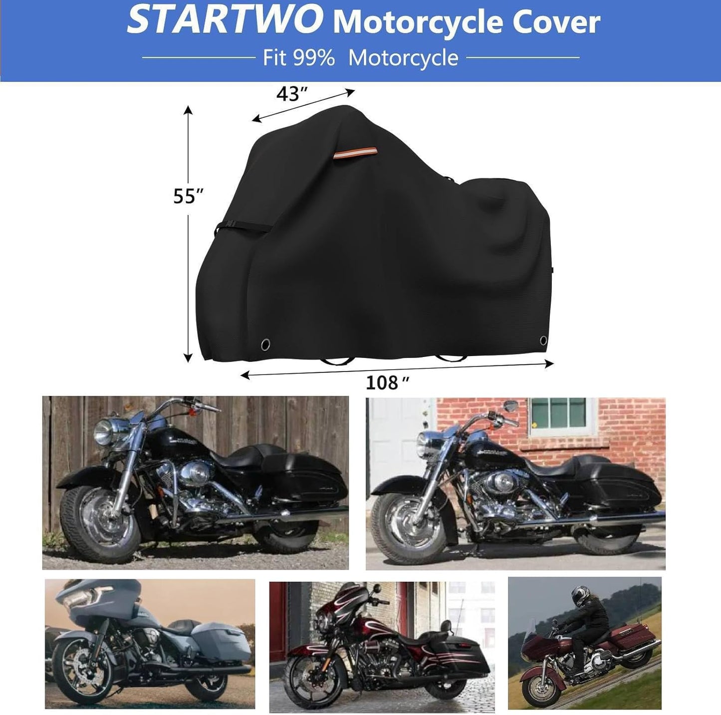 STARTWO Motorcycle Covers with Side Box Waterproof Outdoor for Harley Davidson Touring Models Road King,Road Glide,CVO Street Glide,Low Rider-ST,Electra Glide, and Most Motorcycles 108"x43"x55" Black