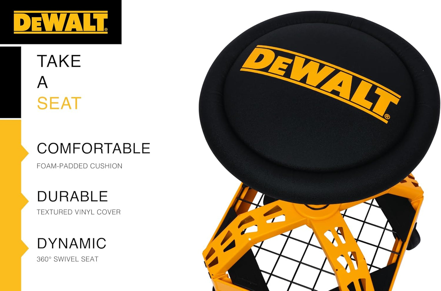 DEWALT Heavy-Duty Metal Rolling Stool for Shop or Garage, Padded 360-degree Swivel Seat, Durable Steel Frame, Adjustable