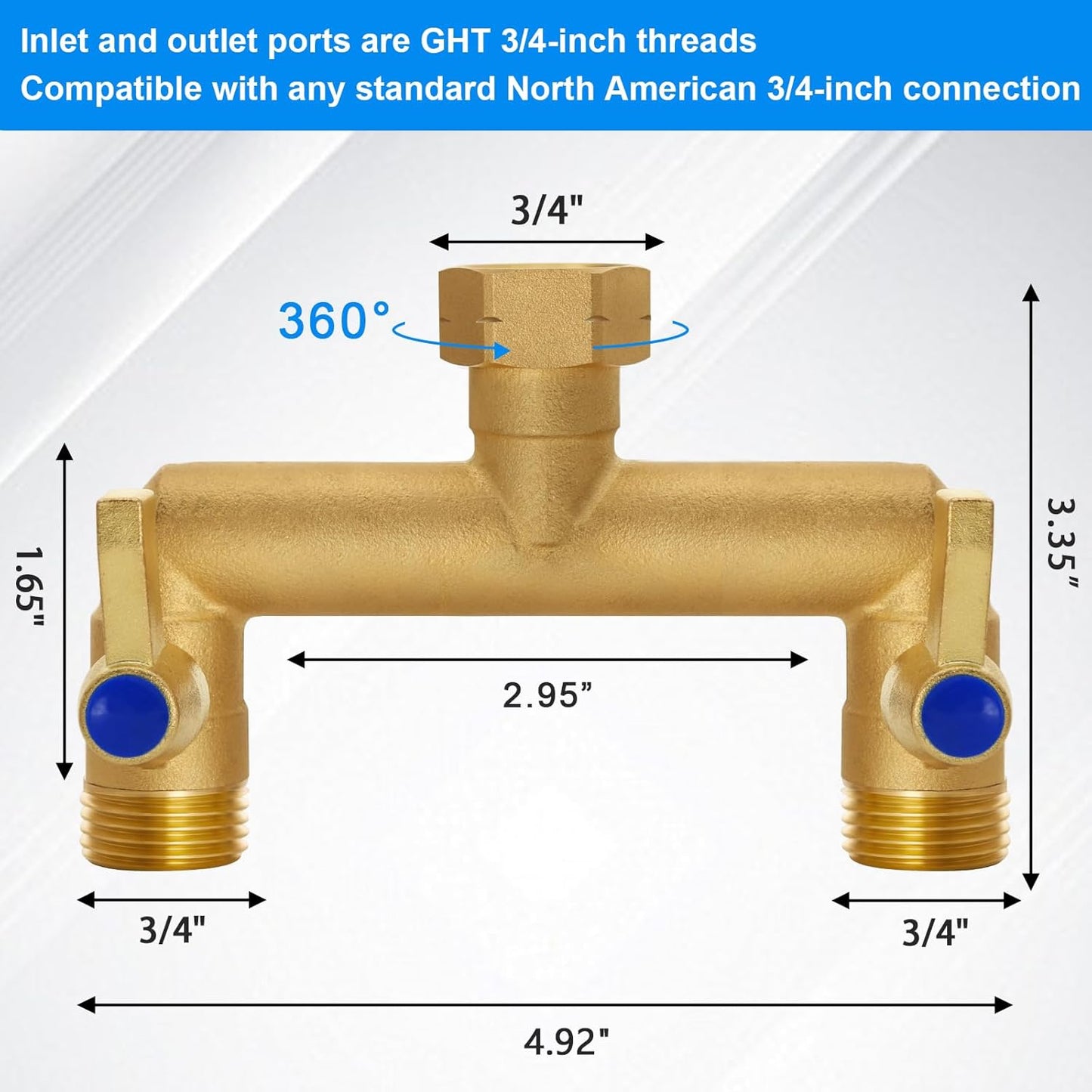 Brass Garden Hose Splitter, Garden Hose Splitter 2 Way Heavy Duty, with 2 304 Stainless Steel Extension Handles, 2-Way Y-Valve 3/4” GHT Threads (Increase Flow Style)