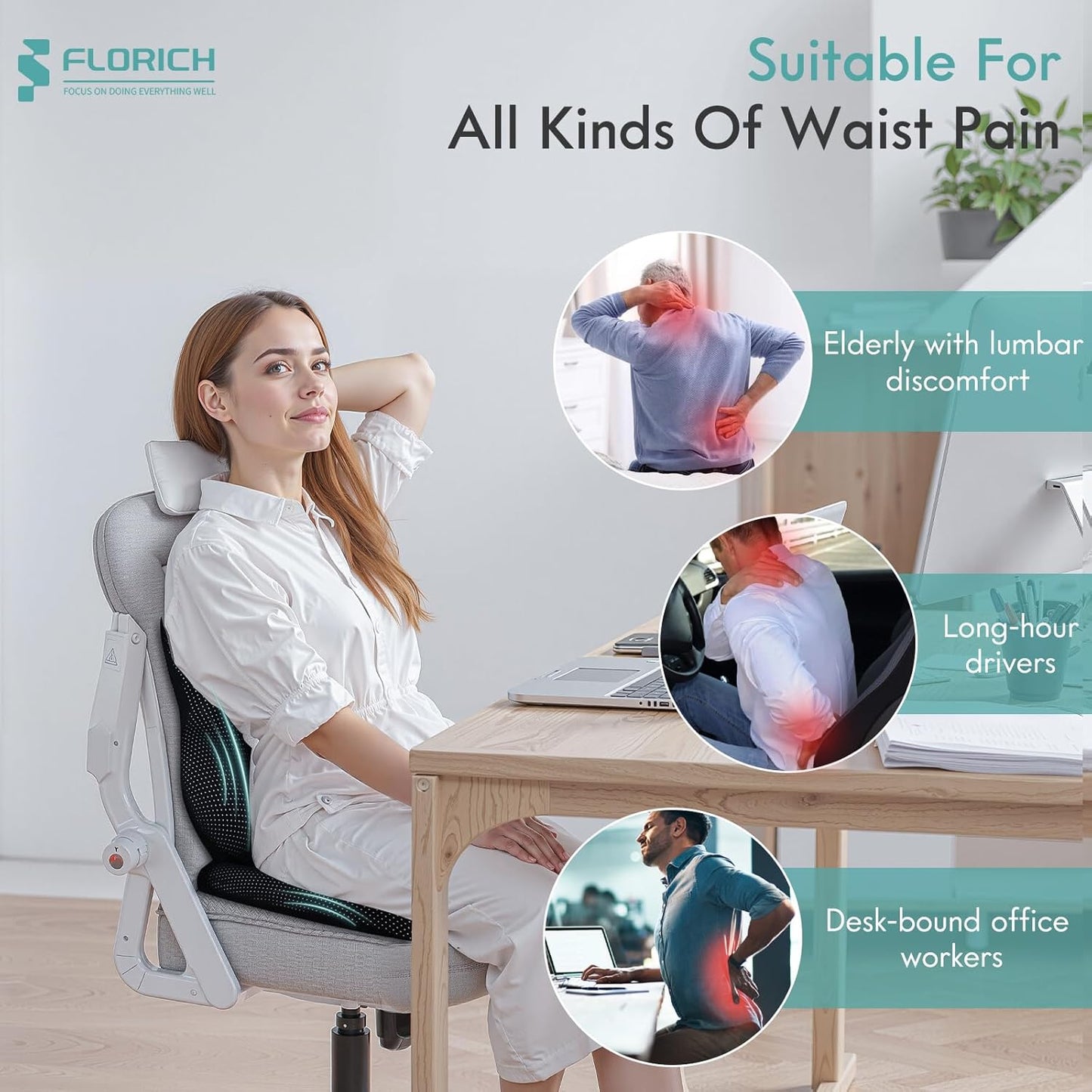 FLORICH Car Seat Cushion and Lumbar Support Pillow for Office Chair Car, Ergonomic Memory Foam, Relieves Back Sciatica Pain, Pressure-Relieving Back Support for Car, Office Chair & Wheelchair – Black