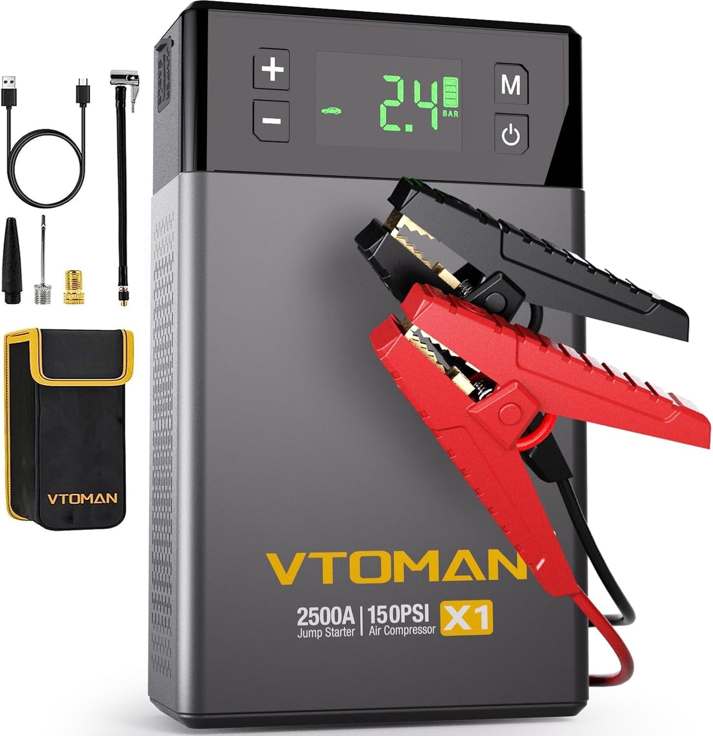 VTOMAN X1 Jump Starter with Air Compressor, Car Battery Jumper Starter (2500A, Up to 8.5L Gas/6L Diesel Engine) with 150PSI Auto Tire Inflator, 12V Portable Booster Pack, Lithium Jump Box Charger-Gray