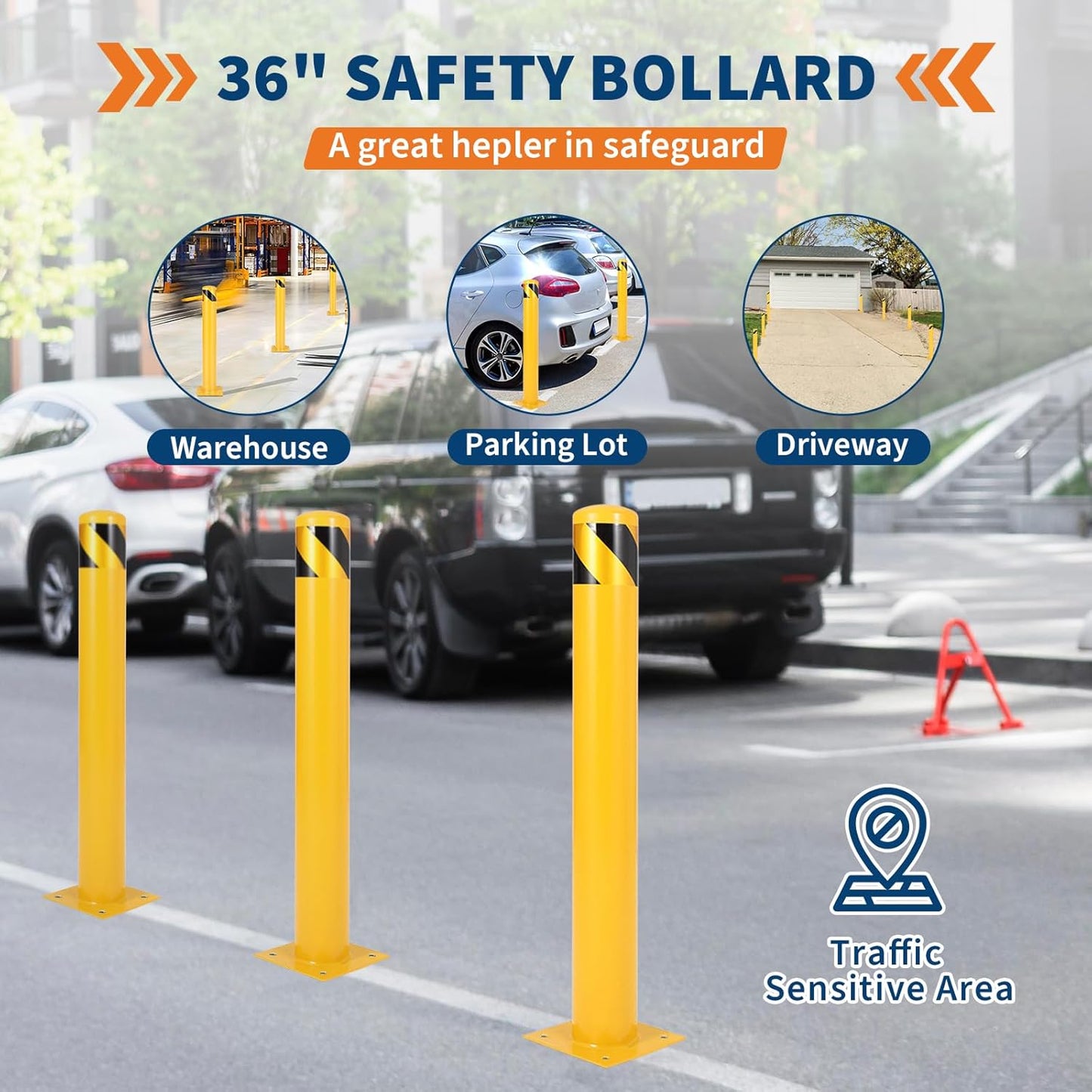 4.5x42 Inch Safety Bollard Post - Yellow Steel Bollard with Anchor Bolts (2-Pack) for Parking Lots, Walkways & Traffic Areas