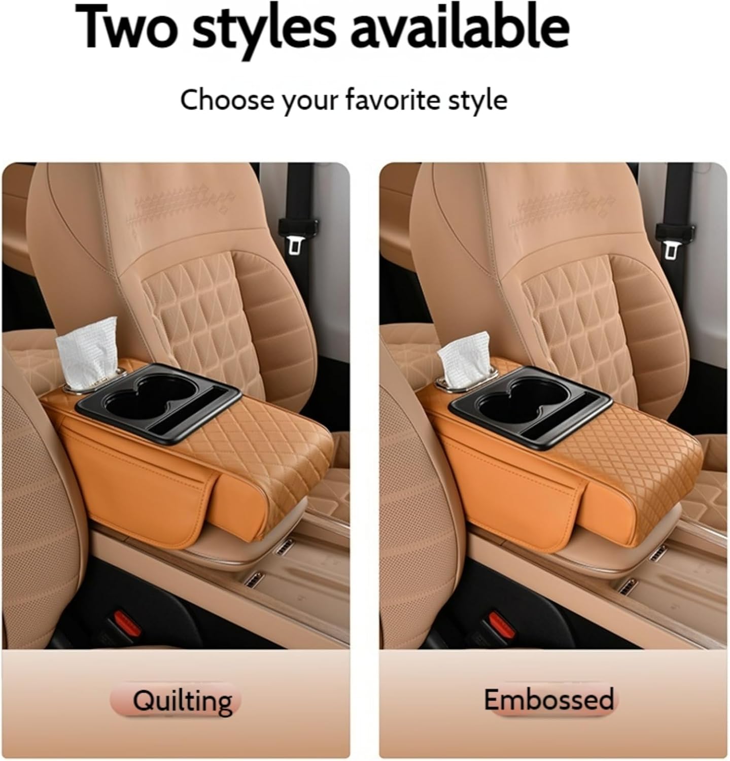 Car Center Console Cover Booster Multifunctional Car Center Console Cushion Pad with Cup Holder & Tissue Box & Side Pockets Arm Rest Cover for Car, Embossed, Black