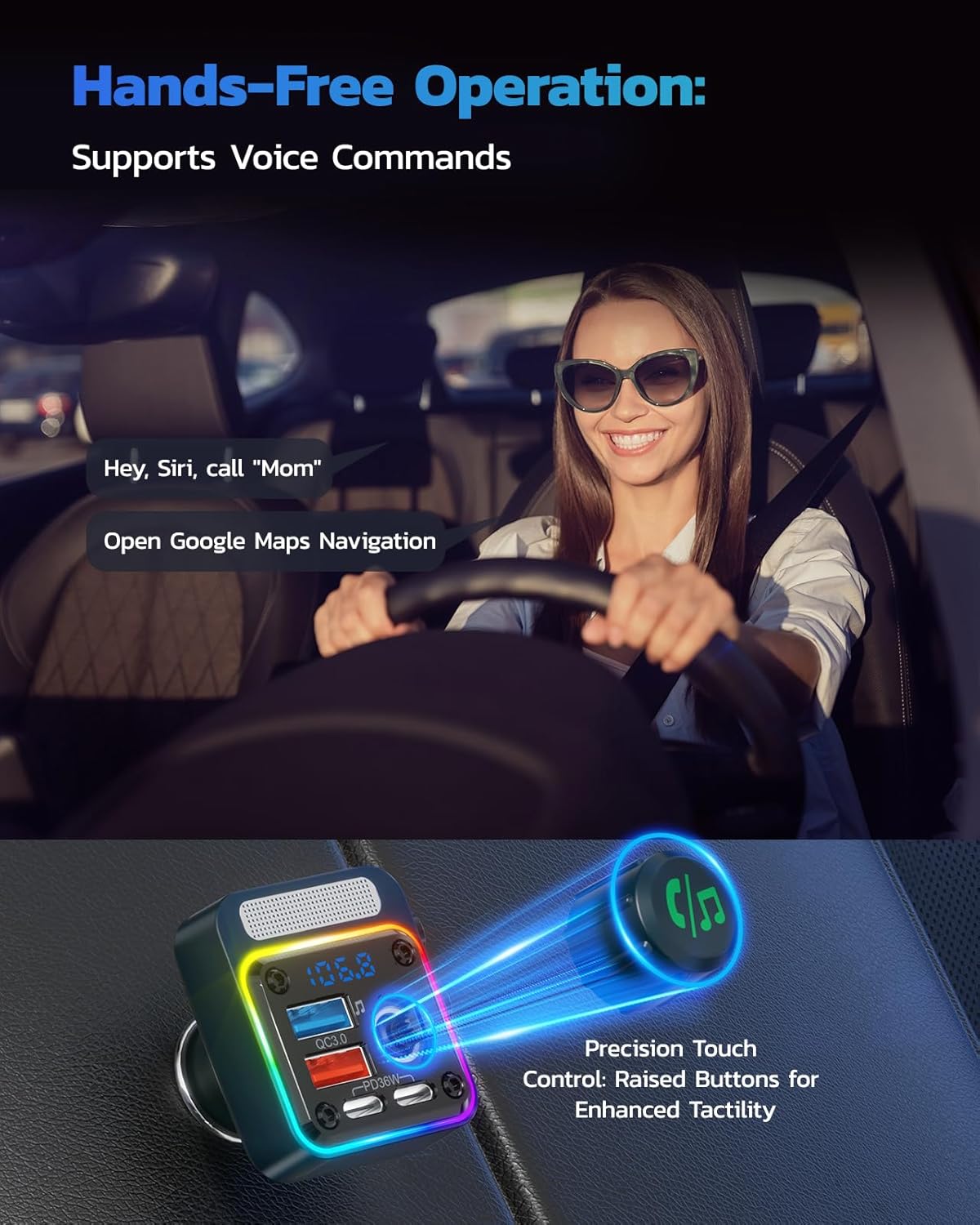 Nulaxy 54W Bluetooth 5.3 Car Adapter with 4 Charging Ports [PD 36W & QC3.0 18W], Wireless Radio FM Transmitter with Deep Bass Player & 5 Colors LED Backlit, Hands-Free Calling - Blue