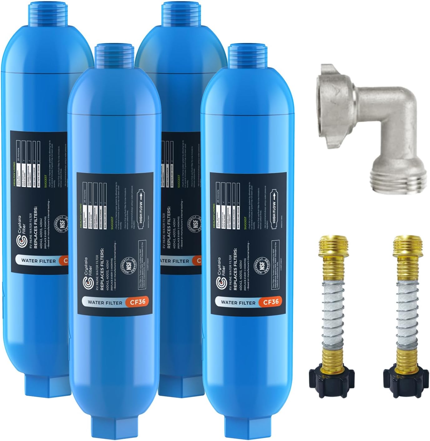 CRYSTALA RV/Camper Water Filter, Inline Water Filter Effectively Reduces Bad Taste, Odors, Chlorine and Sediment for RVs and Marines, 4 Pack Filter with 2 Flexible Hose Protector
