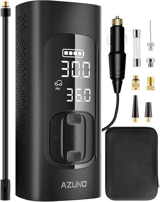 AZUNO Tire Inflator Portable Air Compressor, 3X Fast Inflation Portable Air Pump, Auto Shut-Off Tire Pump for All Cars Motorcycles & Bikes, with Presta and Schrader Valves, Accurate Pressure, 150PSI