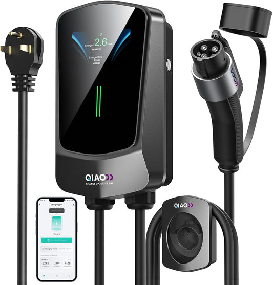 QIAO Level 2 EV Charger, Up to 40A Electric Car Charger, Wi-Fi Bluetooth APP Enabled EVSE, 4.3in Display, 25ft Cable, NEMA 6-50 Plug Charge Station Compatible with All SAE J1772 EV Models Black