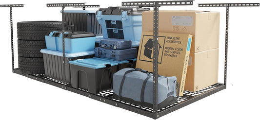 FLEXIMOUNTS 4x8 Overhead Garage Storage Rack, Adjustable Organization System, Heavy-Duty Metal Ceiling Racks, 600lbs Weight Capacity, Hammertone