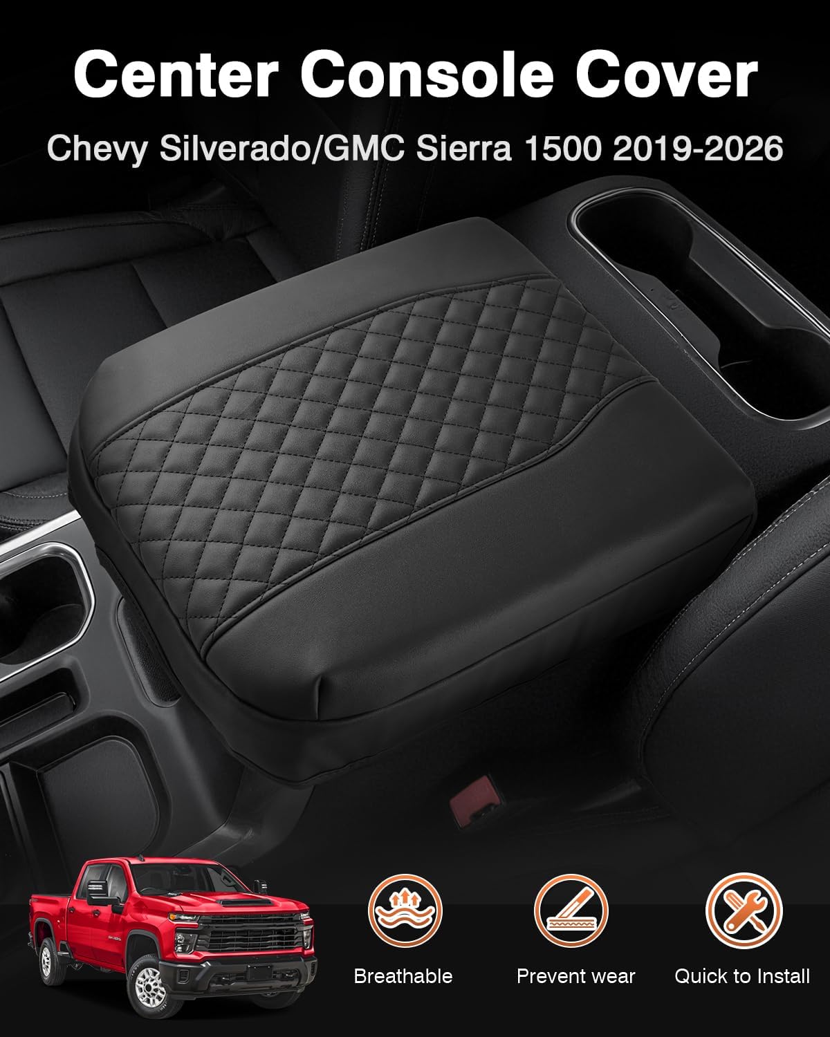 Shademax Center Console Cover for Chevy Silverado/GMC Sierra 1500 2019-2025 2026,Tahoe & Suburban & Yukon 2021-2025 Bucket Seat, Armrest Cover for Silverado Accessories Leather Cushion Pad Protector