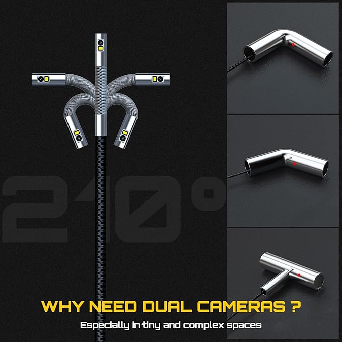 DXZtoz Dual-Lens Articulating Borescope, 6.5mm Slim Probe, Two-Way 210°Rotate Industrial Endoscope, 5'' Dual Screen Inspection Camera with Light for Aircraft Automotive Mechanic Electrician-5FT