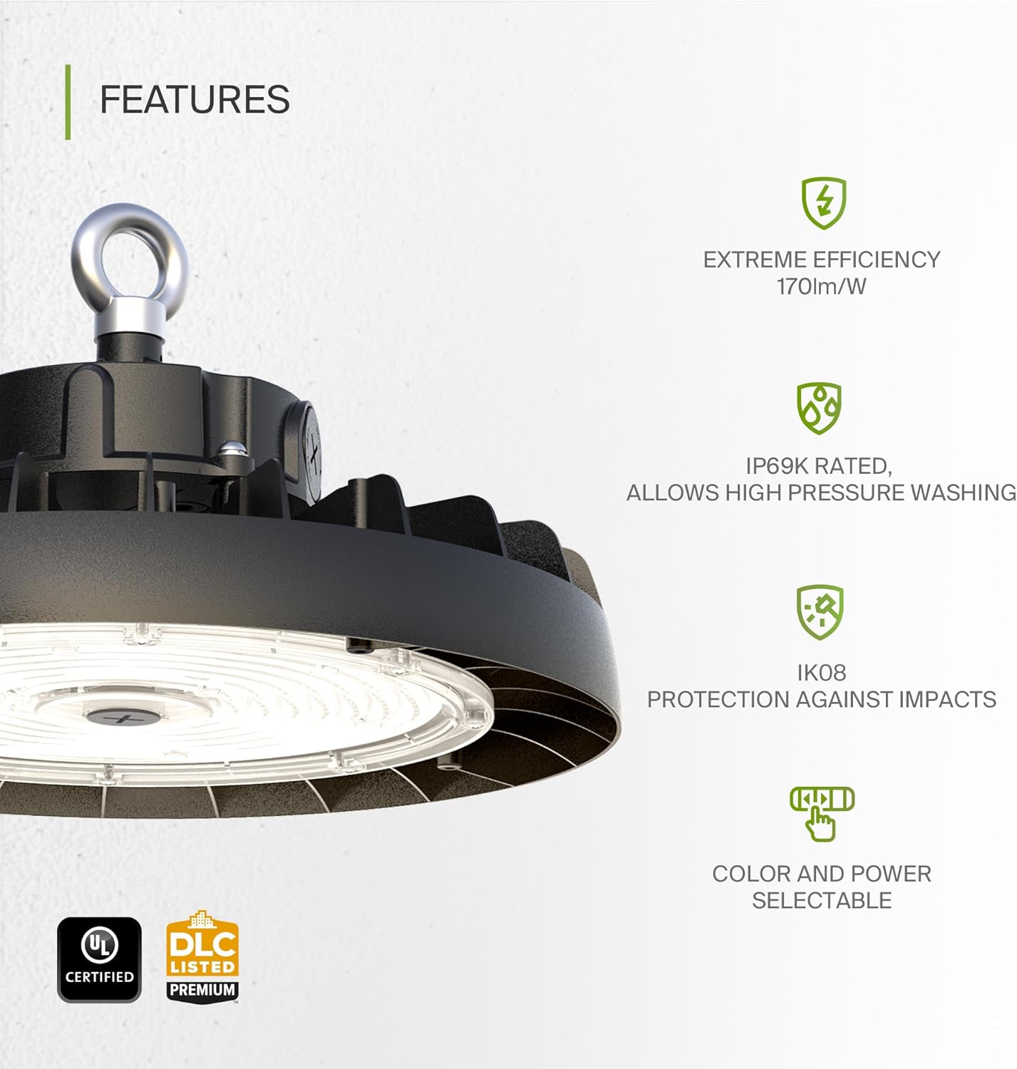 ASD LED High Bay UFO Light Fixture, Commercial Shop Lighting | 3CCT, Dimmable, IP69K Waterproof, DLC Premium, UL Listed | 240W 37600LM 3000-5000K 100-277V | Warehouse, Garage, Workshop Lamp | Black