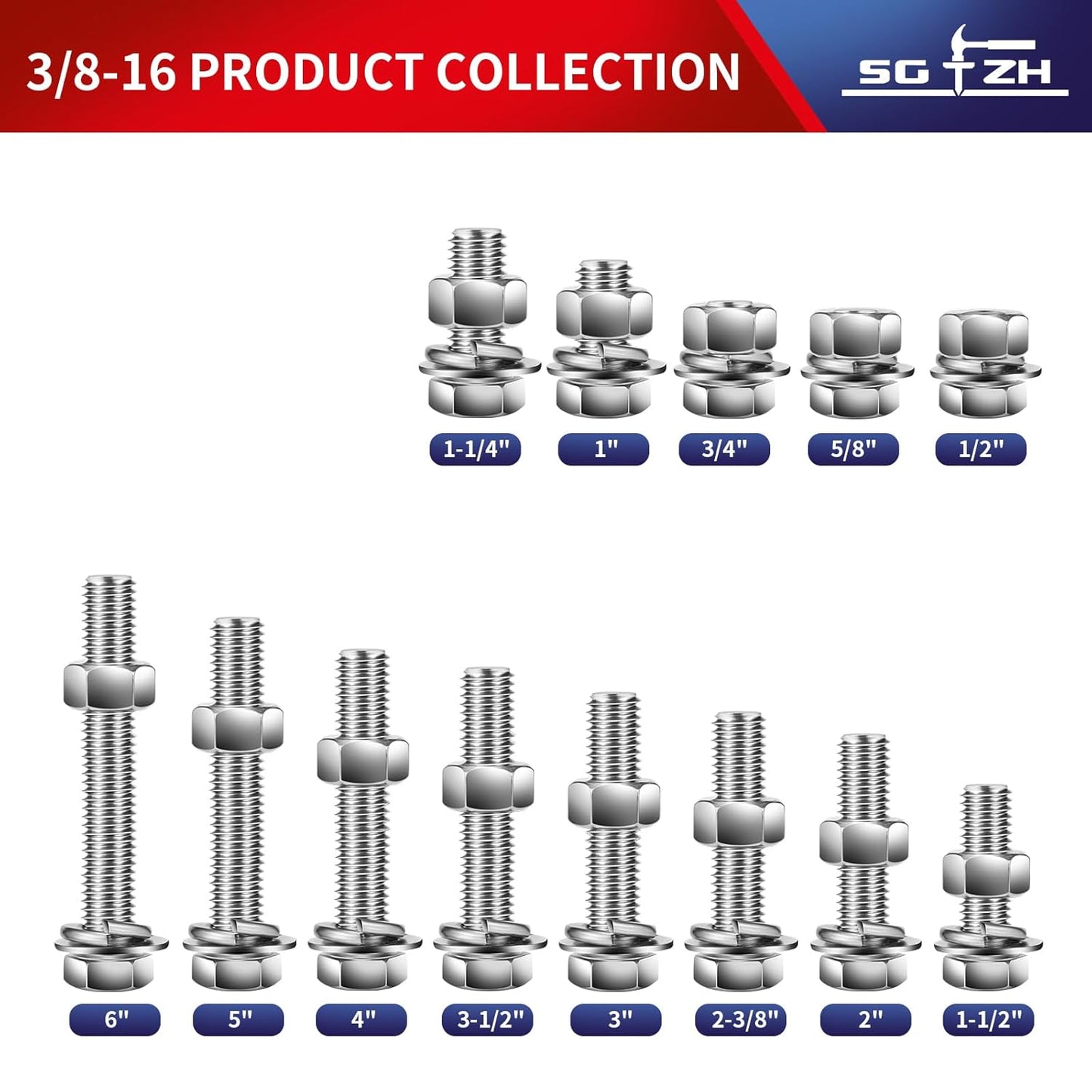 3/8-16 x 1-1/2" Hex Head Screw Bolt, Nuts, Flat & Lock Washers, 10Pcs 18-8 (304) Stainless Steel, Fully Threaded, by SG TZH