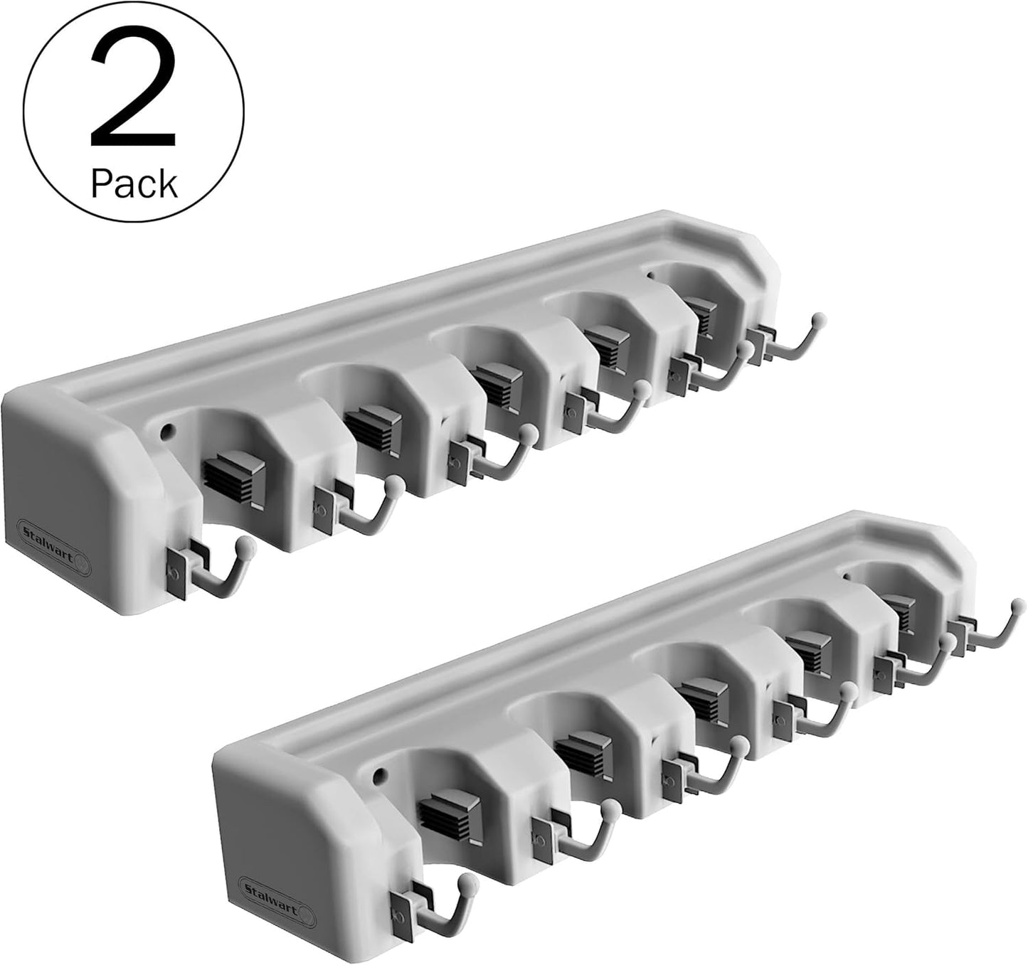 Stalwart Garden Tool Organizer Wall Mount Broom and Mop Holder, 5 Adjustable Slots and 6 Hooks Utility Rack for Garage or Home Organization, 2-Pack