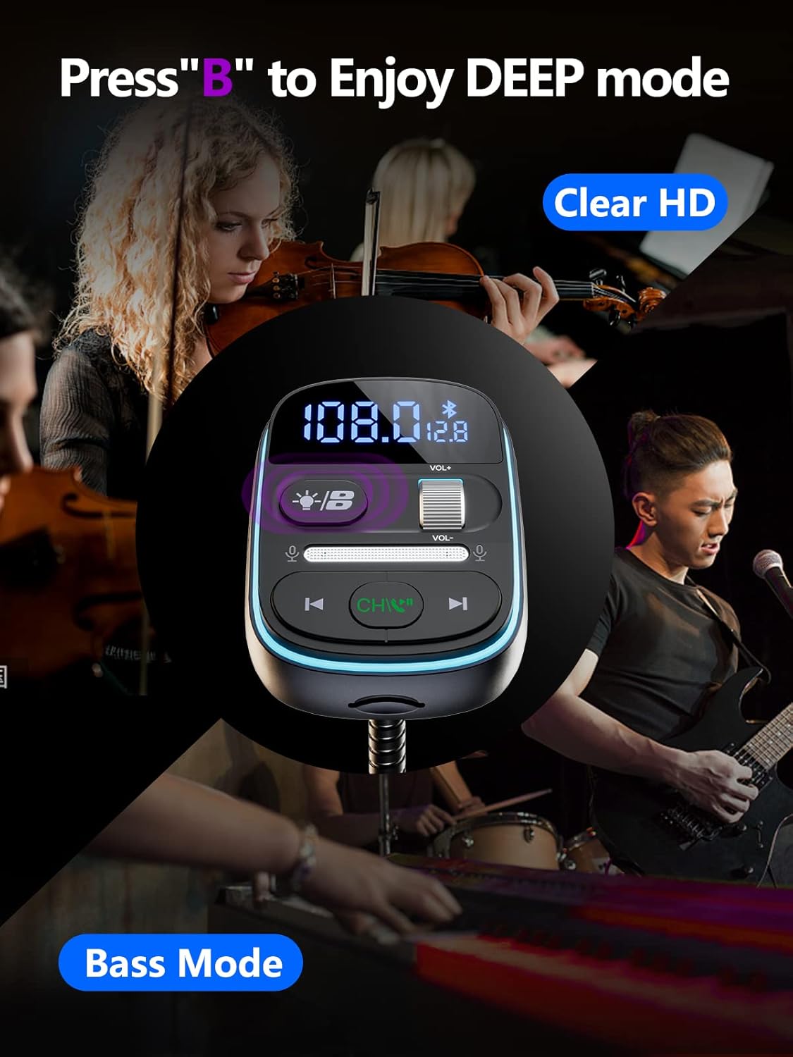 LENCENT Bluetooth FM Transmitter PD 30W, Bluetooth Car Adapter with QC3.0 Fast Charger, Hi-Fi Bass Music, Wireless Radio Receiver Hands-Free Calling, [Color Light]