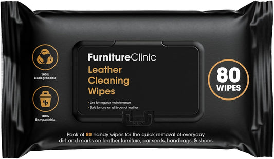 Furniture Clinic Leather Cleaning Wipes | 80 Count | Clean & Restore Leather & Vinyl Furniture, Handbags, Jackets, Car Seats, Interiors & More | Residue & Streak-Free | for Everyday Use