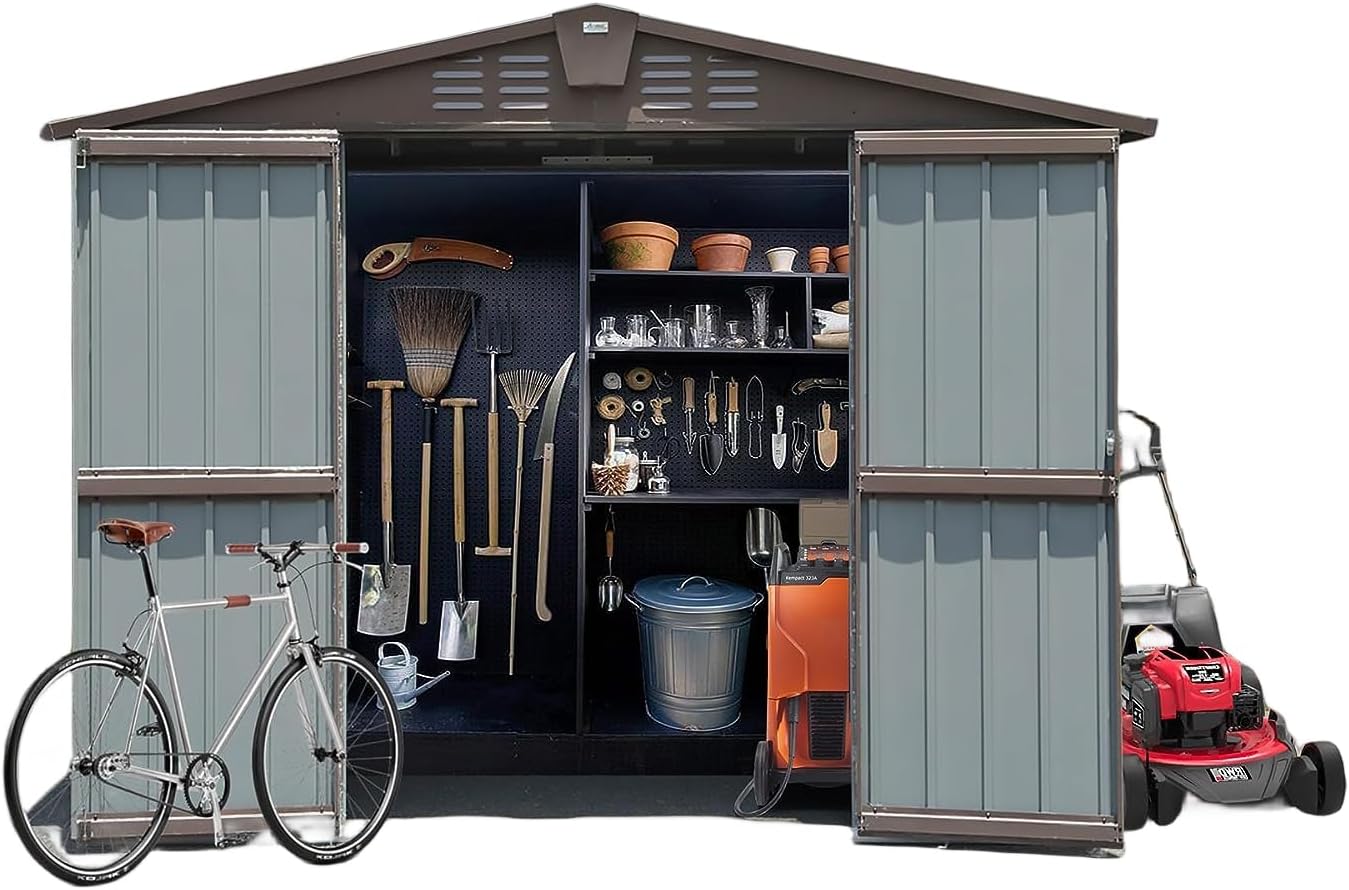 IKERY Metal Storage Shed - 8.2' x 6.2' with Double Lockable Doors and Air Vents, Utility Tool Shed for Backyard, Patio and Garden, Brown