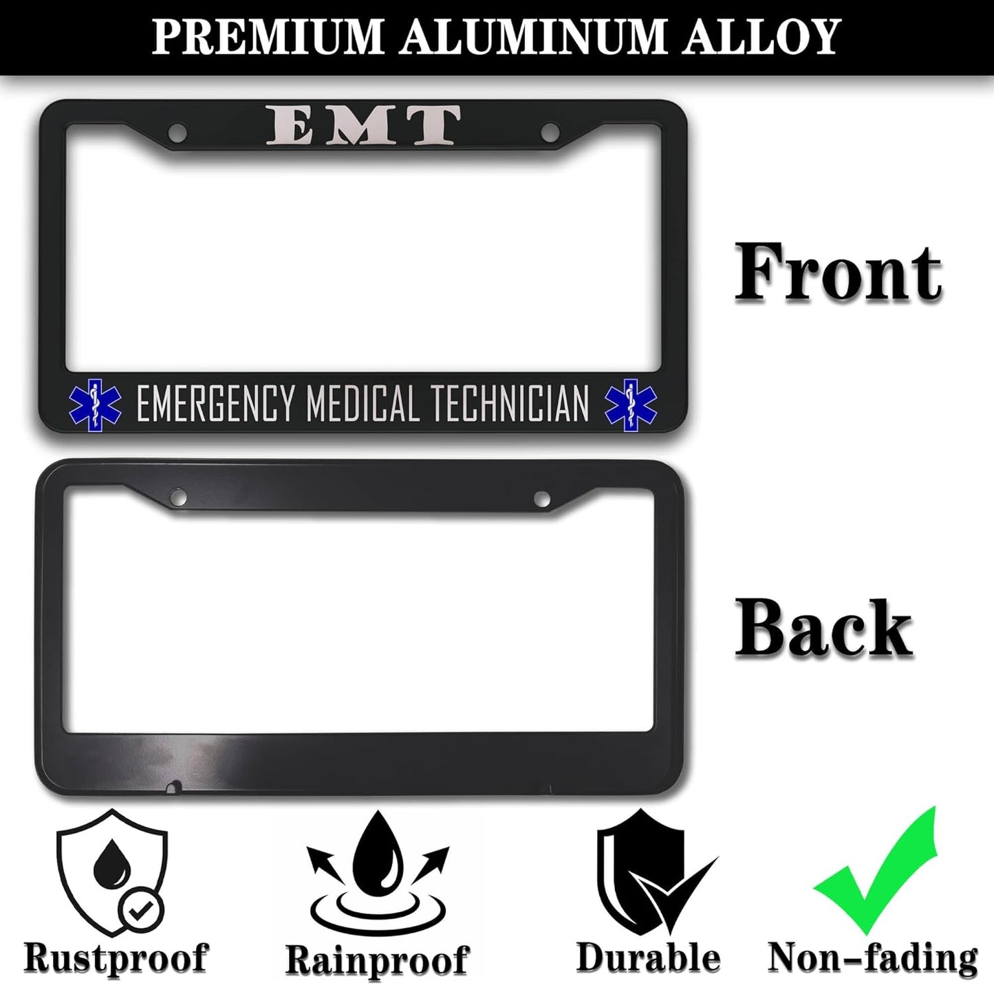 License Plate Bracket Black and White License Plate Frames EMT Emergency Medical Technician Aluminum Metal Car Accessory 2 Pack with Screw Covers Set