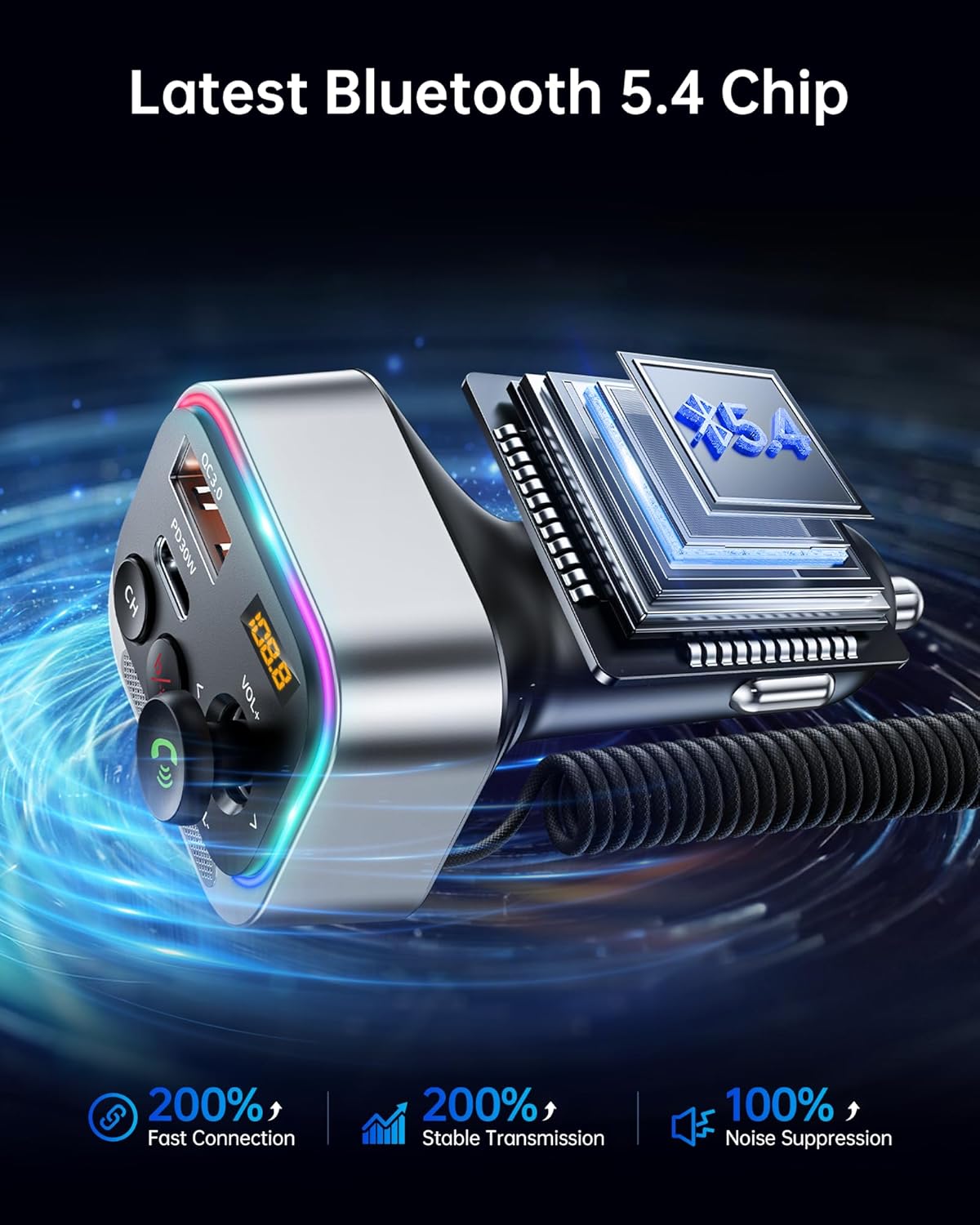 Syncwire Bluetooth 5.4 FM Transmitter Car Adapter 66W PD & QC 3.0 Fast Charging with USB-C Cable Wireless Radio Adapter with Light Control, HiFi Bass, Hands-Free Calling and Strong Mics