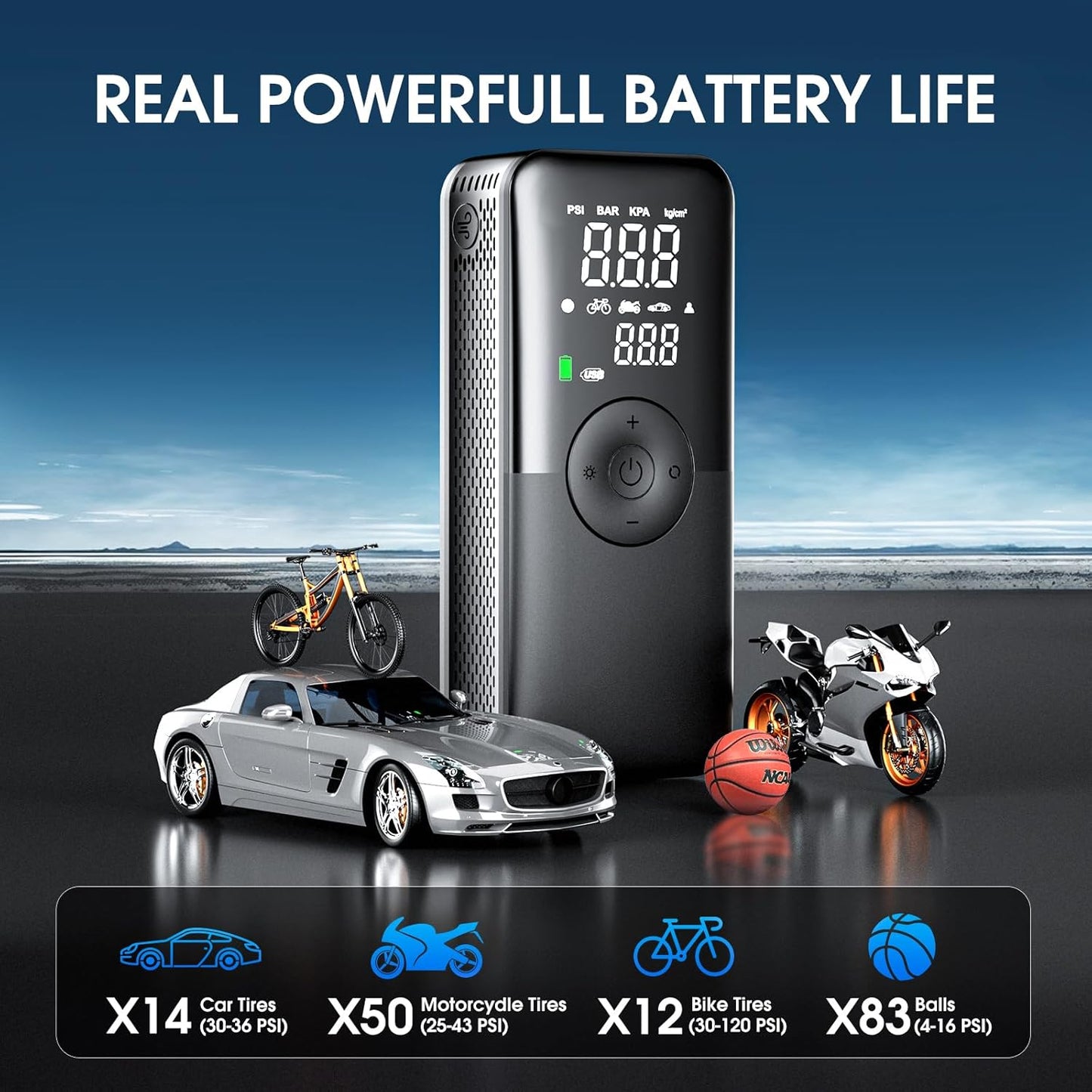 CARSUN Cordless Tire Inflator Portable Air Compressor,Car Tire Pump with Digital Dual Screen,150PSI Portable Air Pump for Car Tires with Deflation&Pressure Gauge,Suitable for Car,Motorcycles,Bicycles