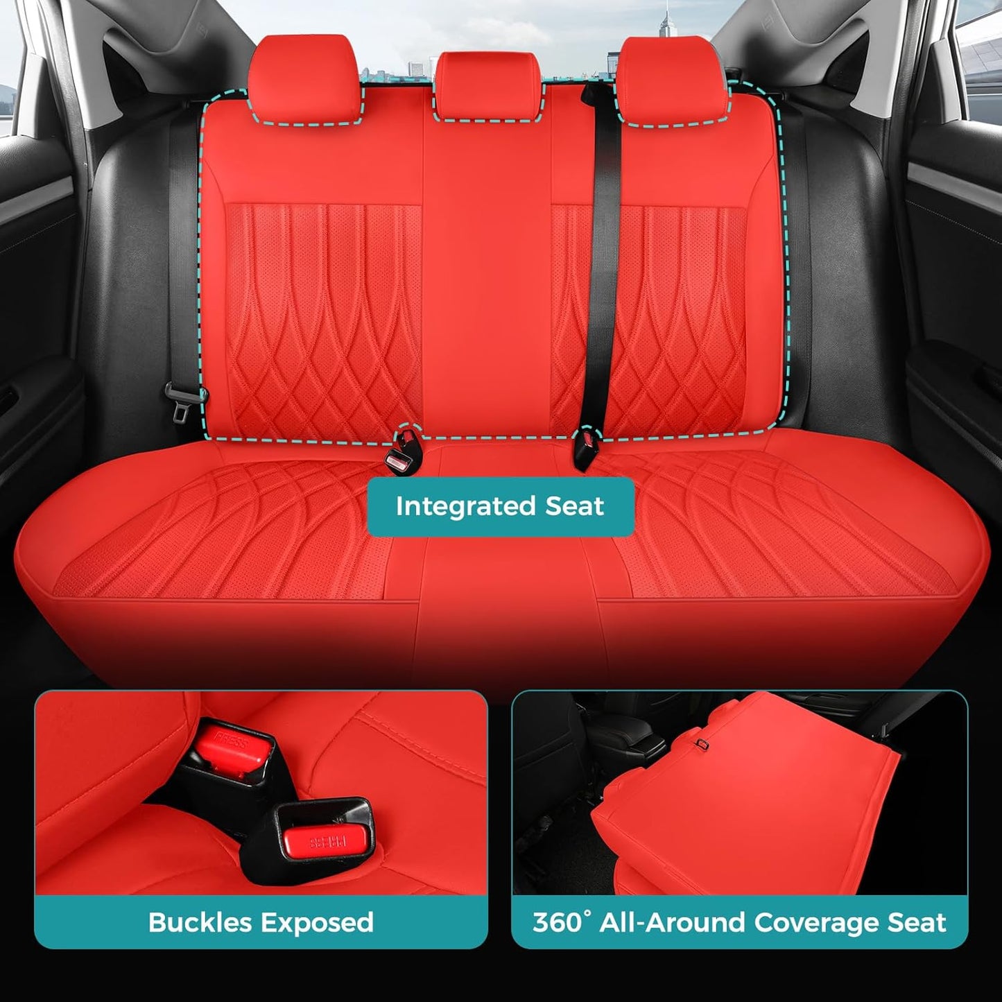 Seat Covers for Honda Civic Sedan 4DR Sedan LX 2022 2023 2024 2025.Faux Leather Car Seats Cover Full Set,(Rear Row Solid Folding Backrest)-RED