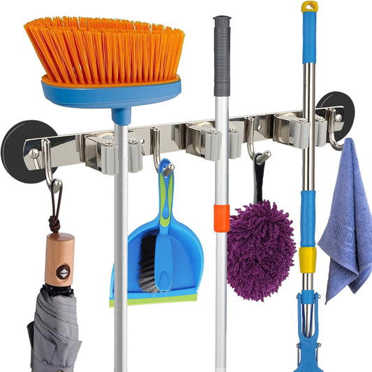 MUTUACTOR Magnetic Broom Holder,Non-slip Heavy Duty Broom and Mop Hanger Metal Tool Holder 3 Racks and 4 Hooks for Laundry Garage Kitchen Factories Workshops Organization and Storage(1 Set)