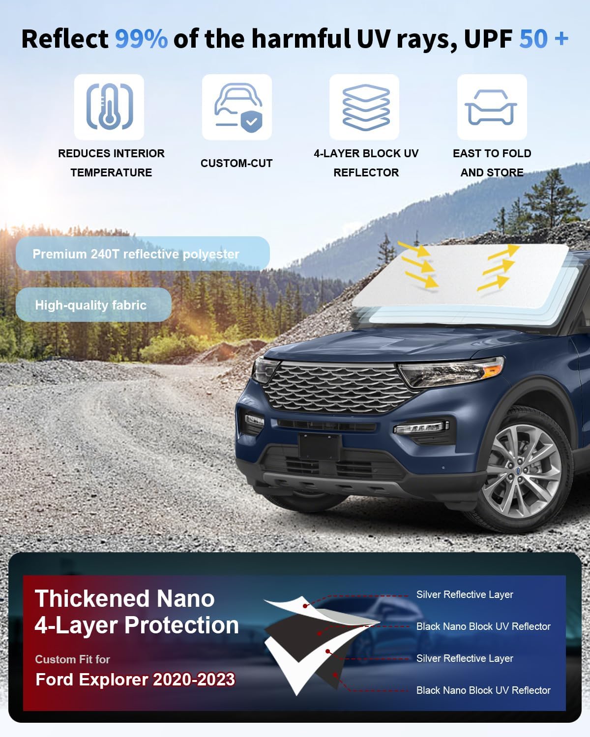 Windshield Sun Shade Sunshade for Explorer Front Windows Cover Fit for 2020-2023 2024 2025 Ford Explorer SUV, ST XLT, Limited, Platinum Accessories 240T Reflector Shield Protector Sun Visor Blocks UV