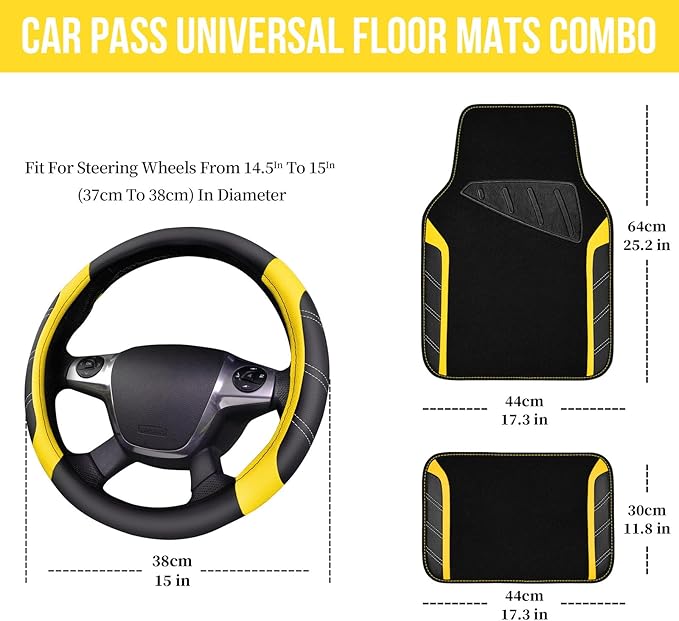 CAR PASS Leather Steering Wheel Cover and Waterproof Car Floor Mats,Microfiber Universal Car Combo Fit for 95% Sedan SUV Van Truck,14.5-15 inch Sporty Anti-Slip Safety Comfortable Design, Black＆Yellow