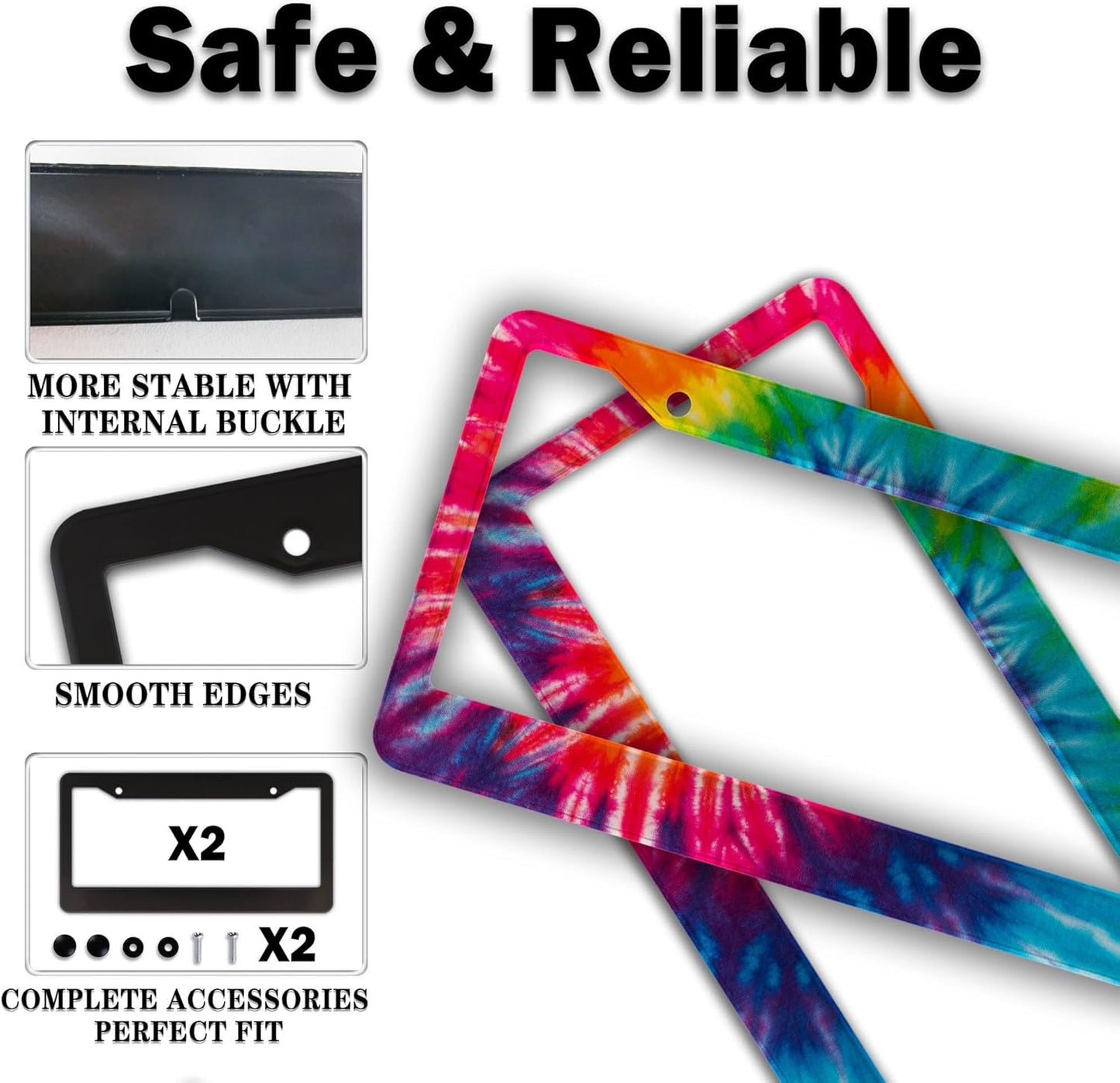License Plate Frames for Men Rainbow License Plate Frame for Women Novelty Tie Dye Painting Aluminum Metal Car Accessory 2 Pack with Screw Covers Set