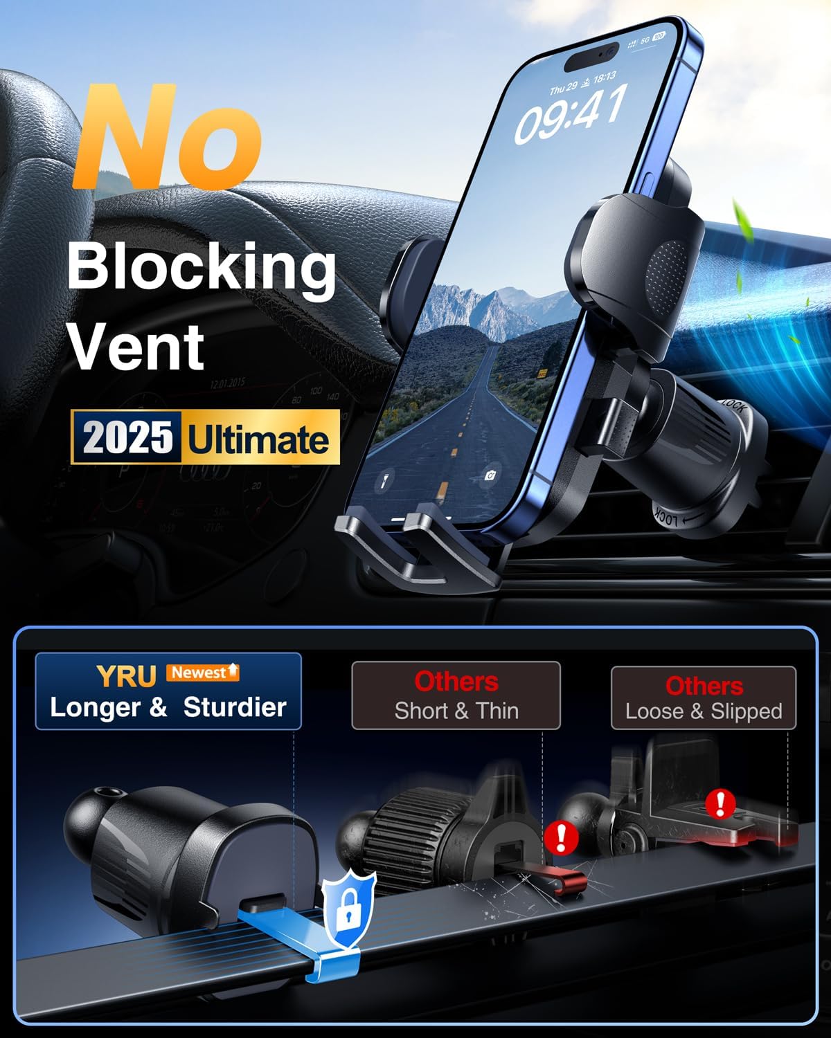 YRU [True Military-Grade 360 Degrees Rotatable Suction] 2025 Ultimate Car Phone Holder Mount 90+LBS Safest Strongest Patent Certs Dashboard Windshield Vent for iPhone 16 15 Pro Max Samsung Light Pink