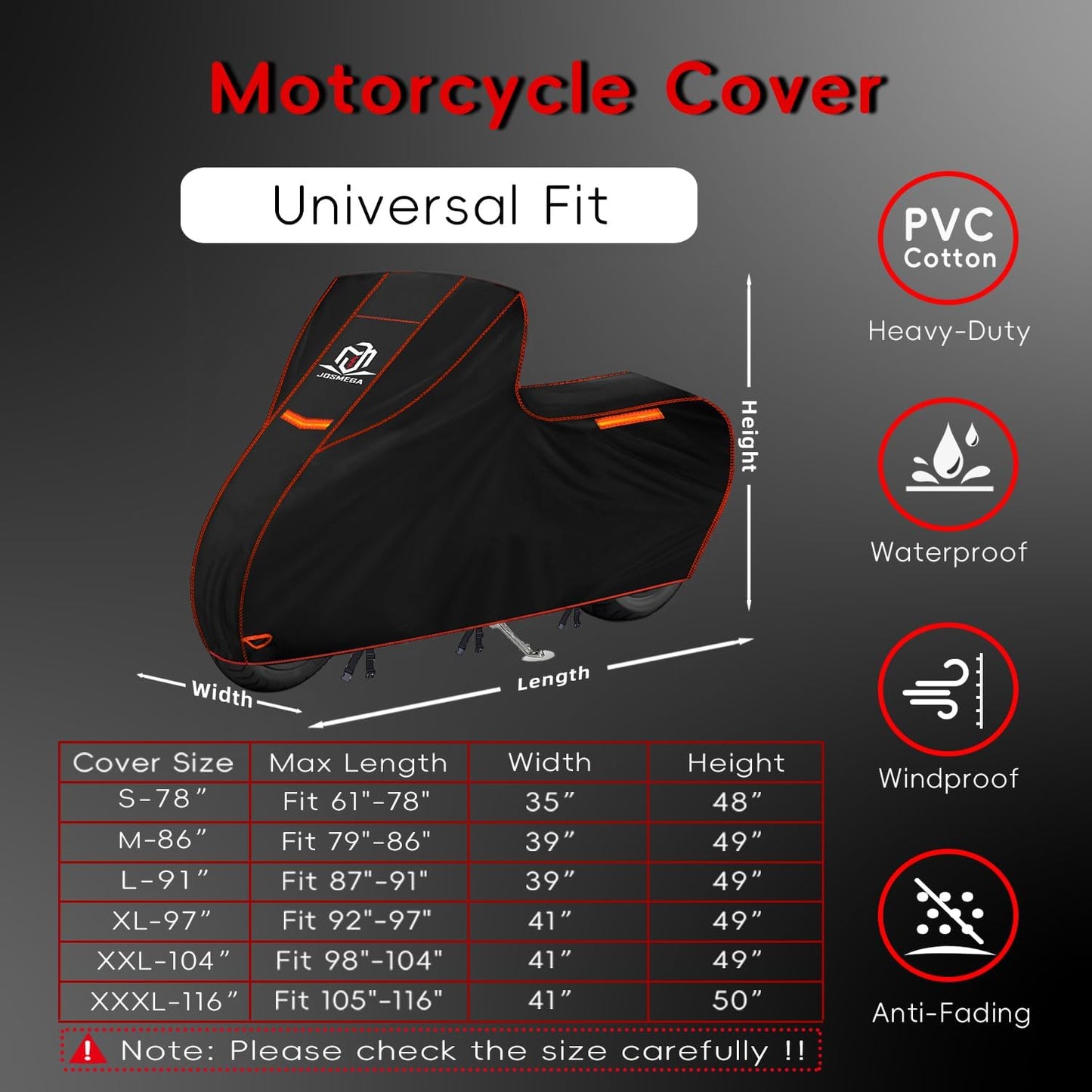 Motorcycle Cover | Heavy Duty PVC | Soft Inner Cotton | Waterproof Outdoor | All Season Universal | 4 Reflective Strips | 3 Windproof Straps | 1 Lock Hole | 1 Storage Bag | (Black, XXL, 104")