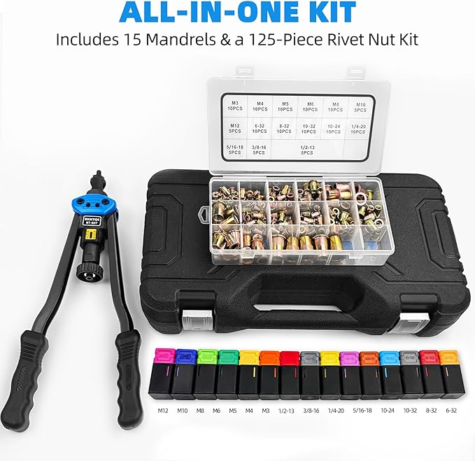 AKKTOL Rivet Nut Tool kit, 16" Rivnut Tool Kit with 15 Metric and SAE Mandrels, 125-PCS Rivet Nut Assortment Kit, Rugged Carrying Case, Ideal for Sheet Metal & Automotive Work