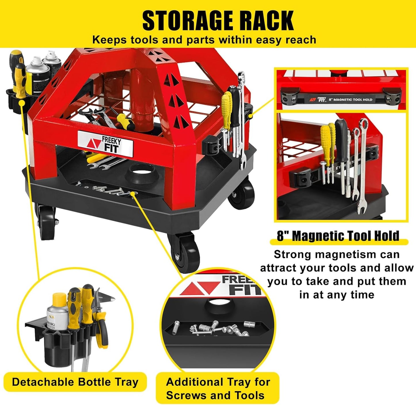 Rolling Shop Stool for Garage with Casters, DO02-Adjustable Height 360° Swivel Shop Seat with Tool Tray Storage, 330 LBS Capacity Padded Mechanic Stool, Magnetic Tool Hold, Heavy Duty, Red