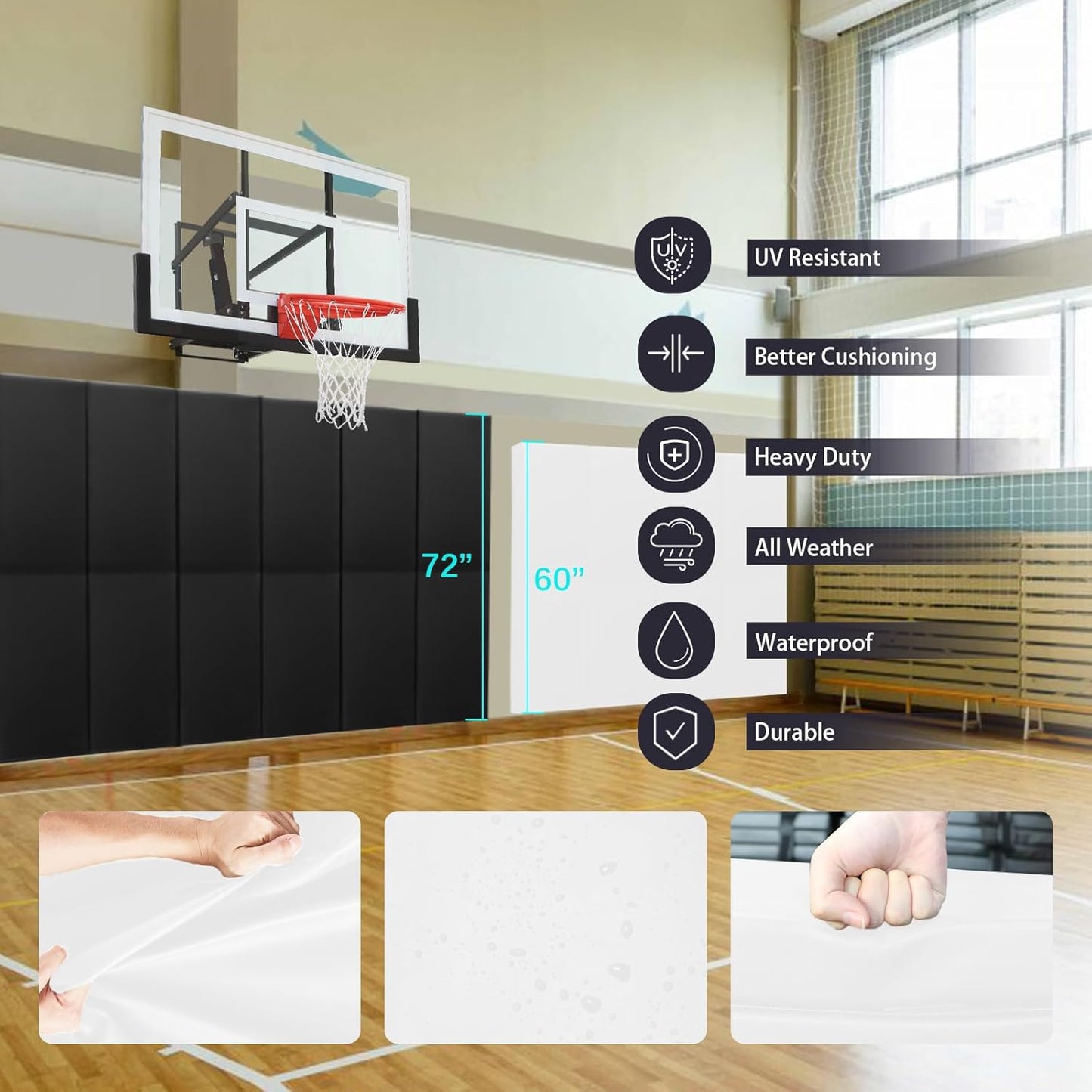 PROGOAL 60"/72" High Gym Wall Padding 2"/4" Thick Foam Basketball Court Wall Mount Protector for Garage Taekwondo Babyroom - Durable Waterproof Anti-Cushion