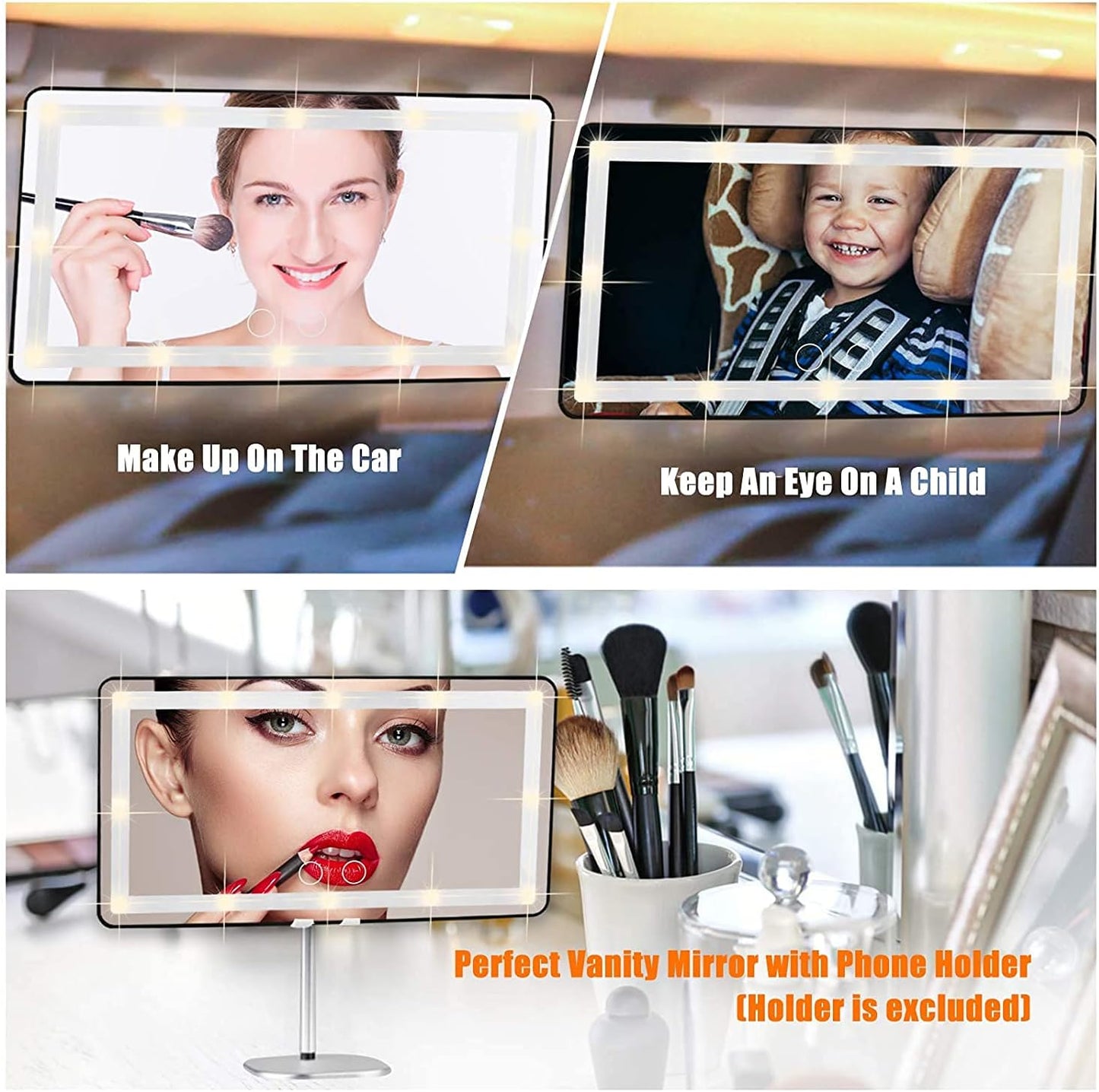 Car Sun Visor Vanity Mirror, Makeup Mirror with 3 Light Modes & 60 LEDs Rechargeable Led Light Car Mirror with Dimmable Touch Screen, Rear View Sun-Shading Travel Cosmetic (Black, 1 Pack)