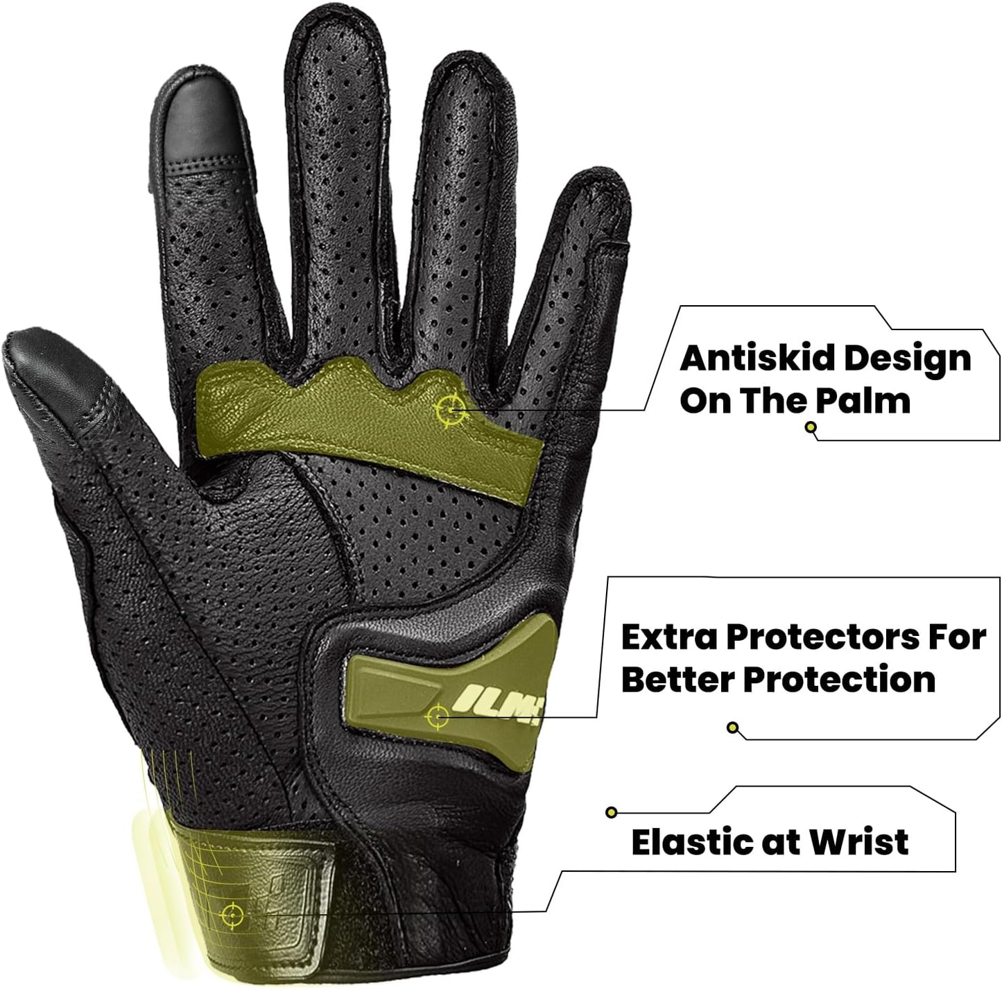 ILM Goatskin Leather Motorcycle Motorbike Powersports Racing Gloves Touchscreen for Men and Women Model DN01(L, Black Perforated)